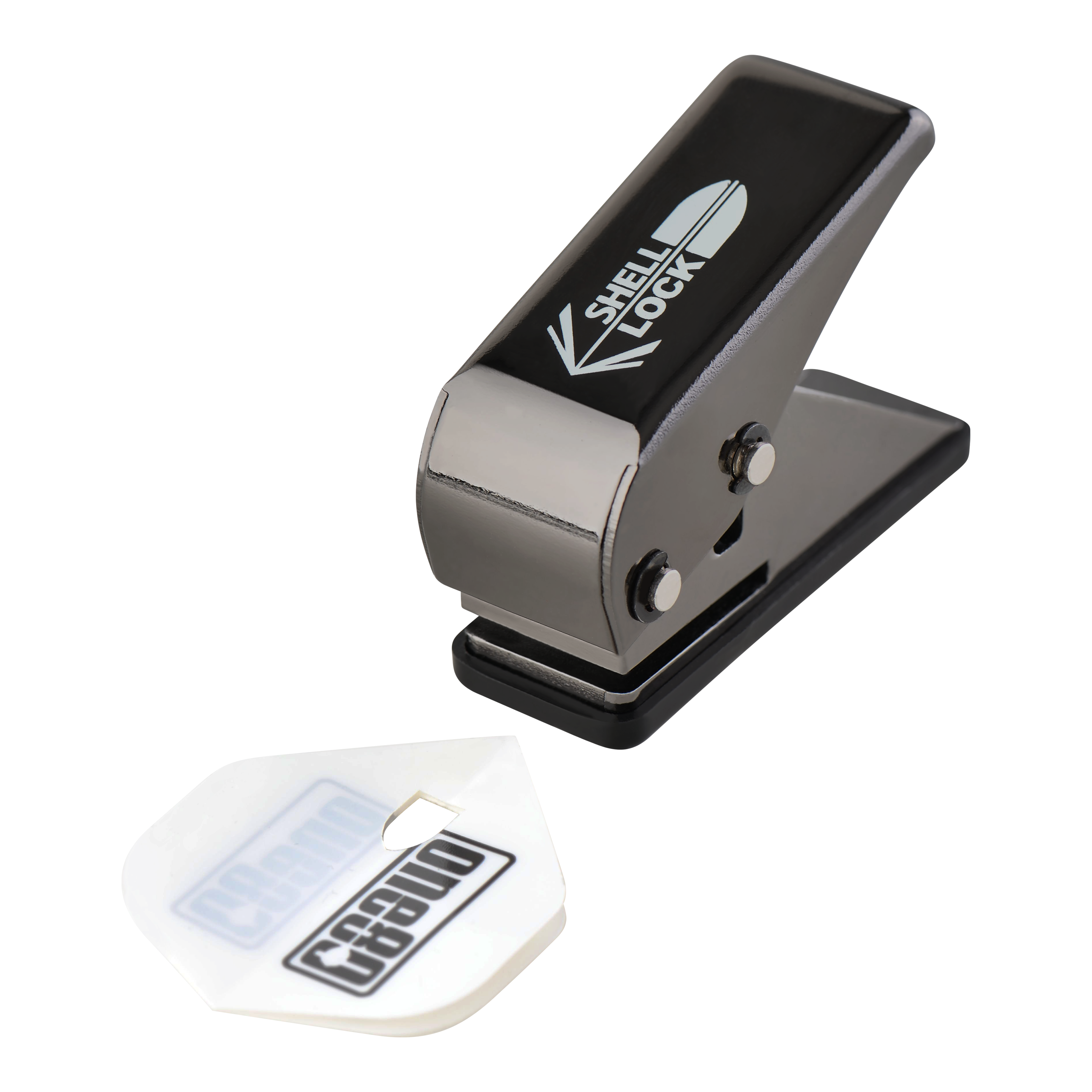 Poinçon de verrouillage de coque One80 style L Poinçon de vol Das Bild zeigt den L-Style One80 Shell Lock Punch Flightlocher. Neben dem Locher liegt ein gestanztes Dart-Flight.