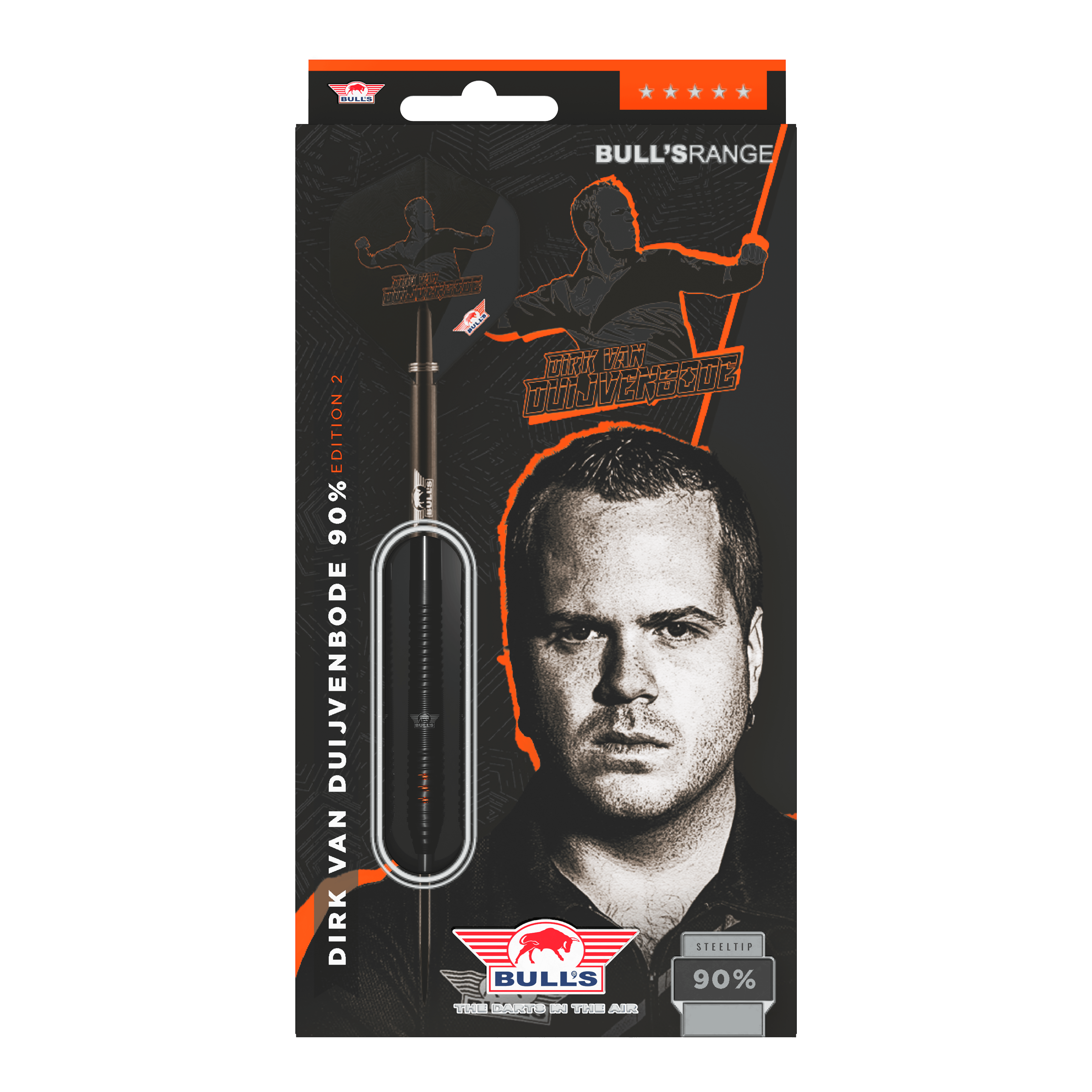 Bulls NL Dirk Van Duijvenbode Edition 2 fléchettes en acier Die Abbildung zeigt die Verpackung der "Bulls NL Dirk Van Duijvenbode Edition 2 Steeldarts". Auf der Verpackung ist ein Bild von Dirk Van Duijvenbode sowie ein Dartpfeil zu sehen.