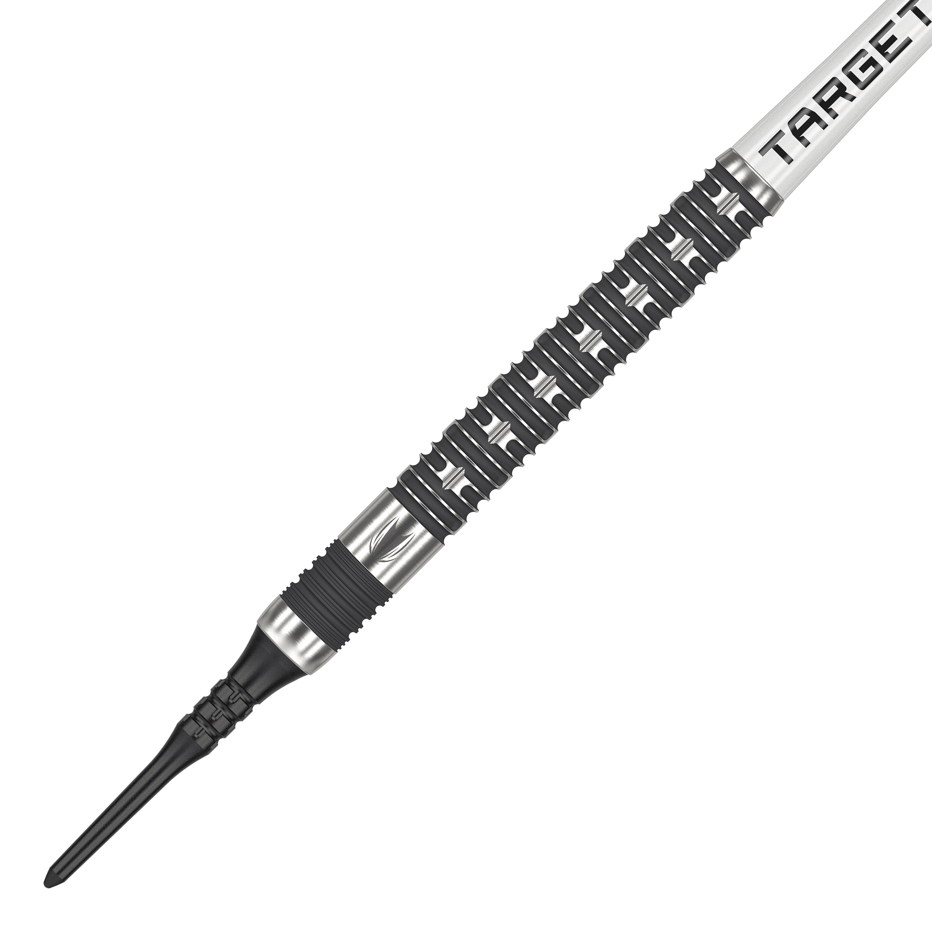 Fléchettes souples Target Chris Dobey Hollywood Action - 20 g Das Bild zeigt einen Softdart aus der Serie "Target Chris Dobey Hollywood Action Softdarts - 20g". Der Dart hat ein markantes, silber-schwarzes Design mit einem strukturierten Griff.