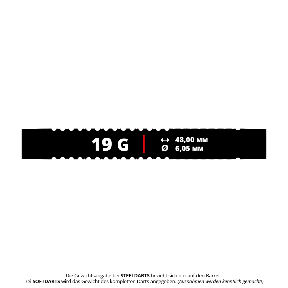 Fléchettes souples Mission Horus - 19 g Das Bild zeigt die Produktinformationen der Mission Horus Softdarts mit einem Gewicht von 19 Gramm. Die Länge beträgt 48,00 mm und der Durchmesser 6,05 mm.