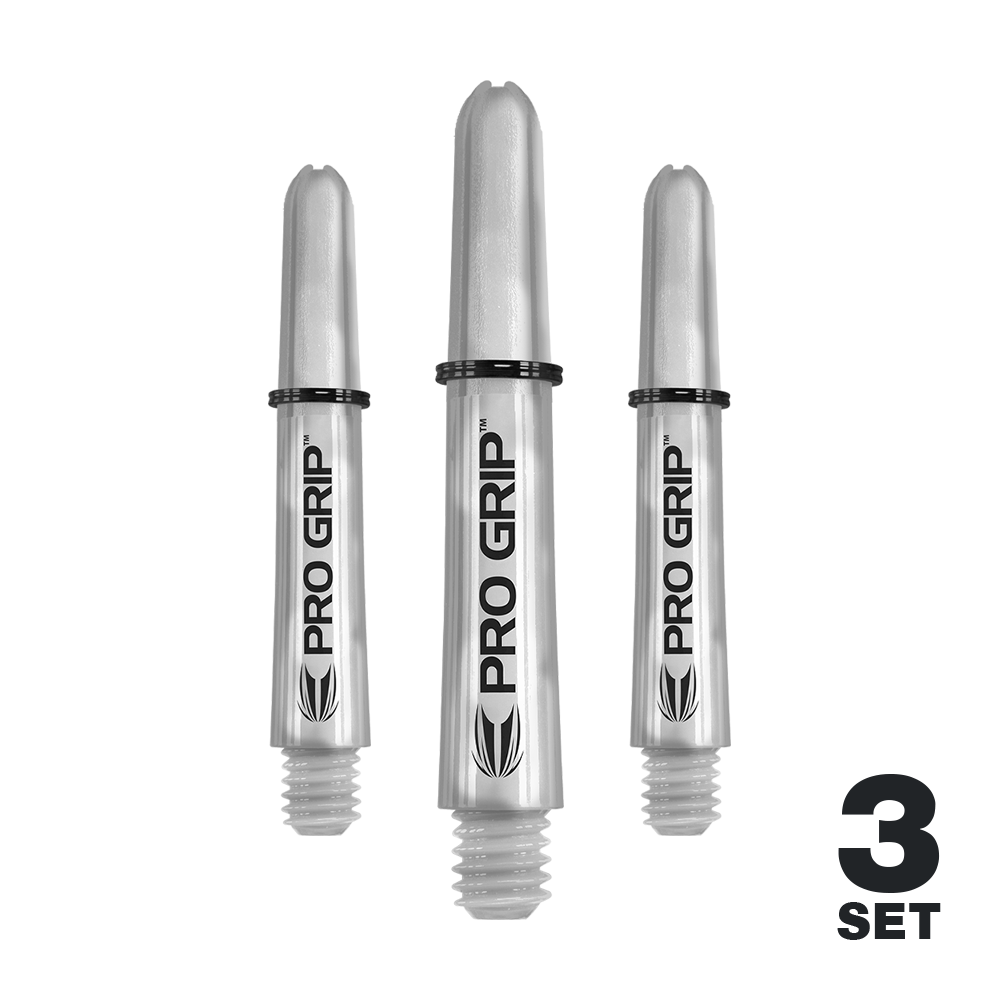 Tiges Target Pro Grip - 3 jeux - Transparent Das Bild zeigt drei transparente Pro Grip Schäfte für Darts. Unten rechts steht "3 Set" als Hinweis auf den Lieferumfang.