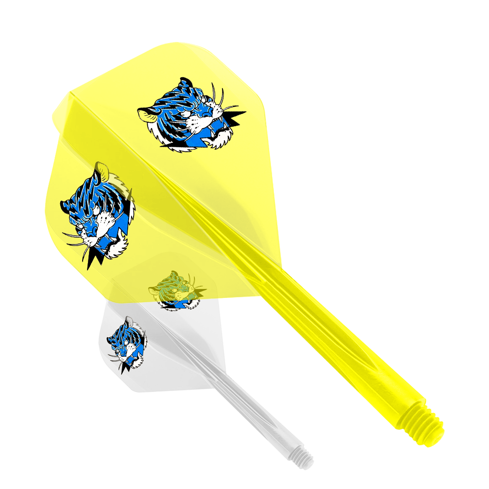 Condor AX Inazuma Tiger Mix Flight System Jaune Clair - Petit Das Bild zeigt das Produkt "Condor AXE Inazuma Tiger Mix Flight-System Yellow Clear - Small". Es handelt sich um einen gelben Dart-Flügel mit einem auffälligen Tigerkopf-Design.