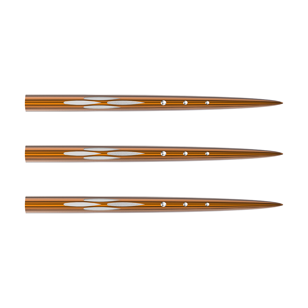 671_57721_Bulls_Adon_Point_Steeldartspitzen_1 Das Bild zeigt drei Steeldartspitzen des Produkts "Bulls Adon Points". Die Spitzen sind metallisch mit goldenen und silbernen Akzenten gestaltet.