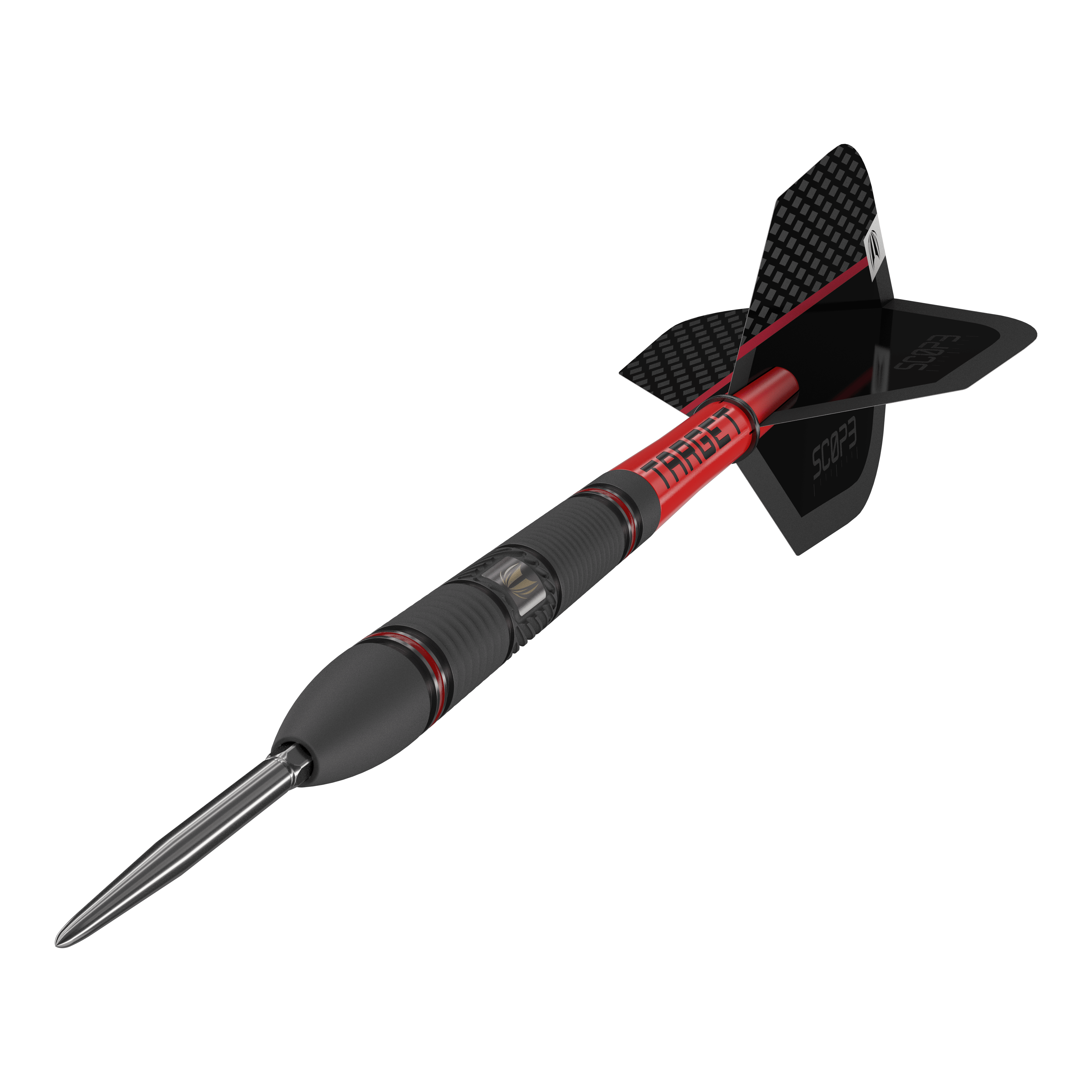 Fléchettes en acier Target Scope 02 Swiss Point Das Bild zeigt den Target Scope 02 Swiss Point Steeldart. Der Dartpfeil hat ein schwarzes und rotes Design mit einer metallischen Spitze und schwarzen Flights.