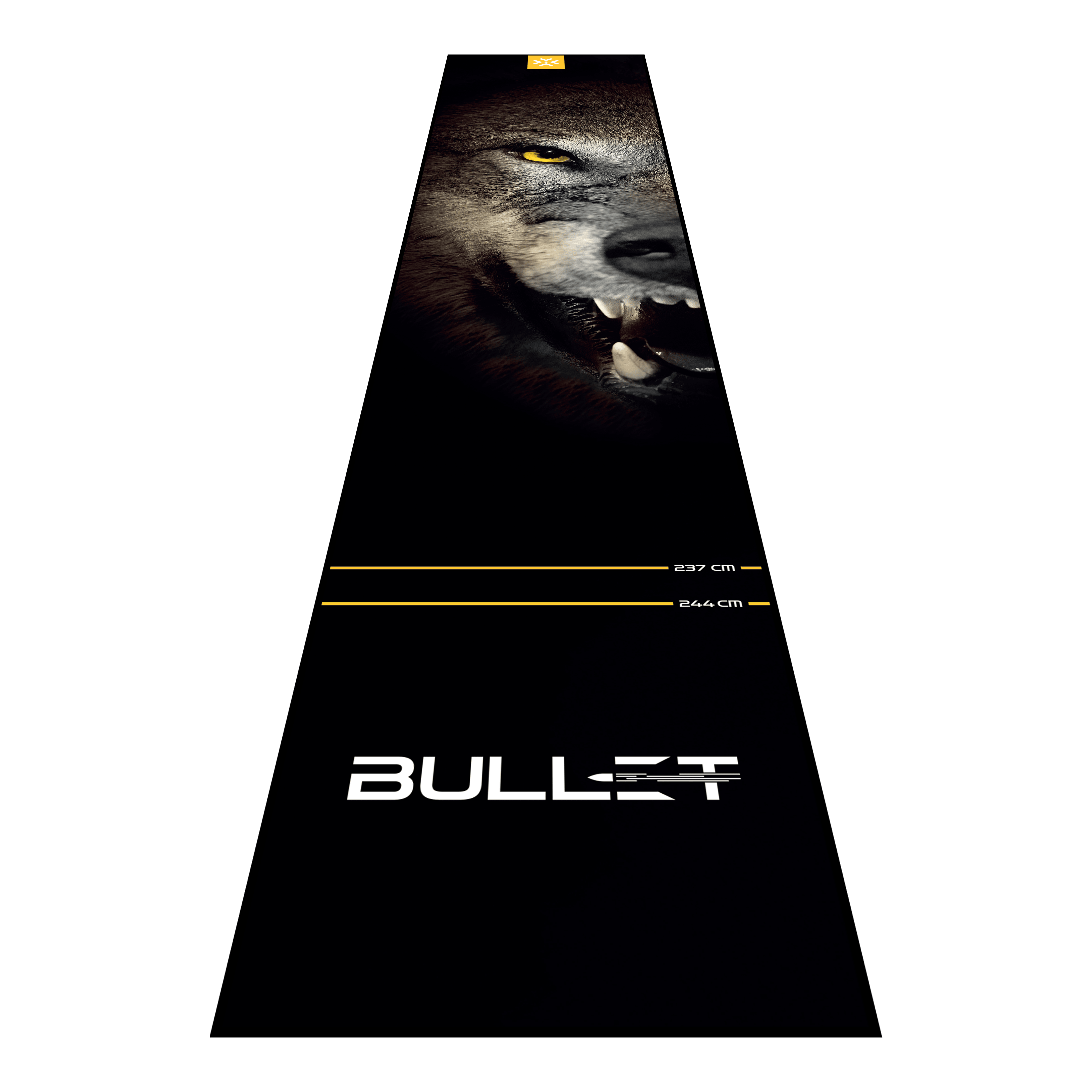 Abgebildet ist die Bullet Fang Dartmatte. Die Matte sorgt für einen sicheren Stand und schützt den Boden beim Dartspielen.