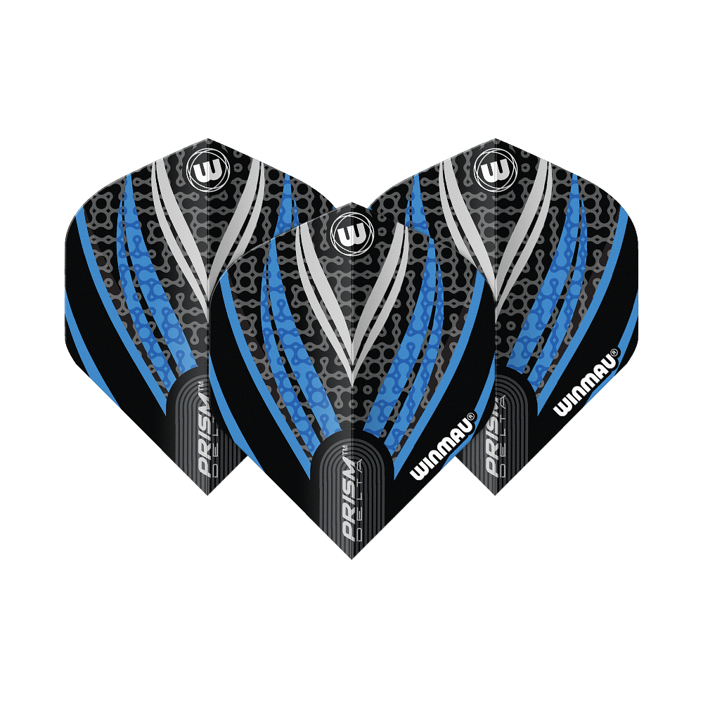 Volets standard Winmau Prism Delta Noir Blanc Bleu n° 2 Das Bild zeigt drei Dart-Flights des Modells "Winmau Prism Delta" in Schwarz, Weiß und Blau. Die Flights haben ein modernes, gemustertes Design mit den Markenaufschriften "Winmau" und "Prism Delta".