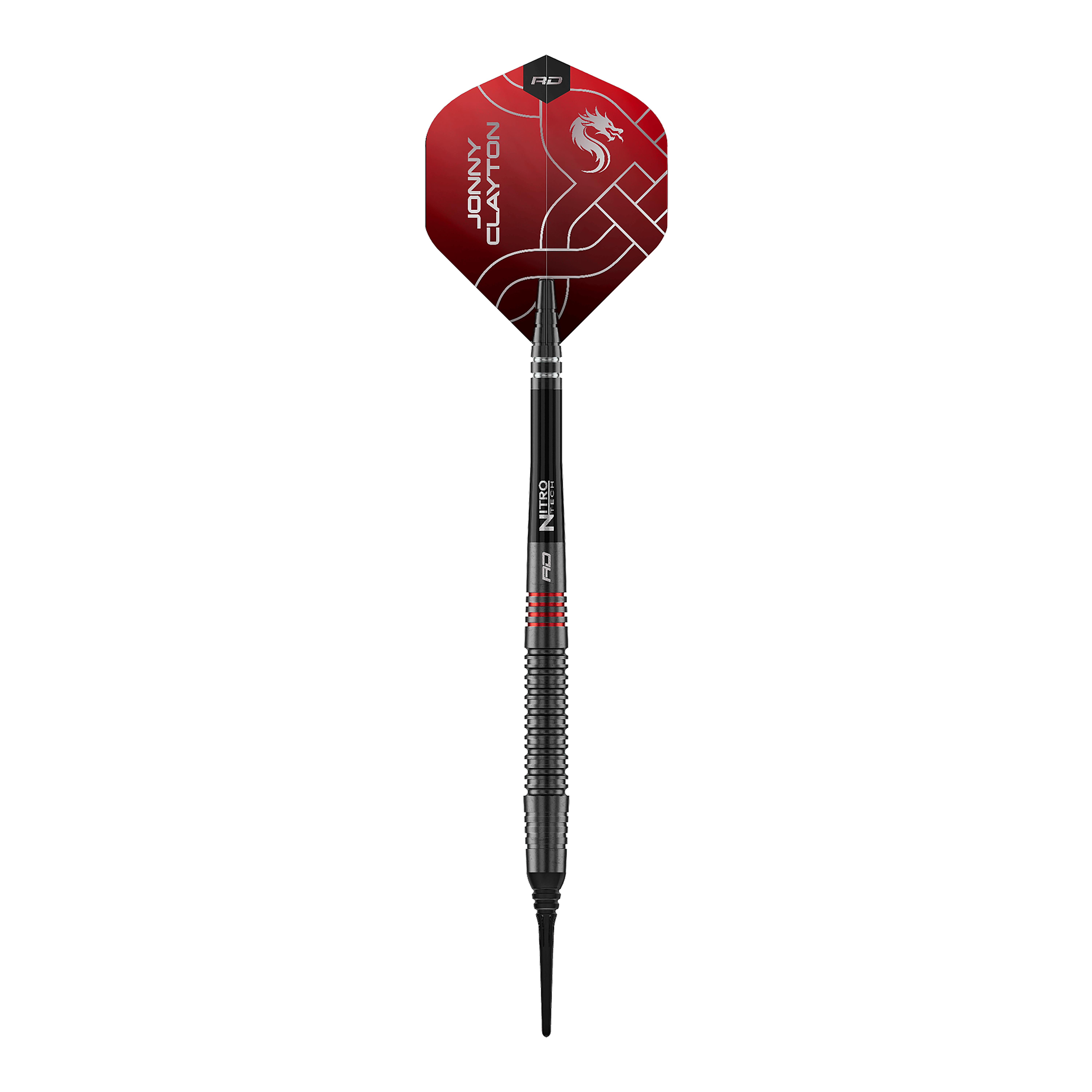 Fléchettes souples Red Dragon Jonny Clayton RD-ADV - 18 g Das Bild zeigt die Red Dragon Jonny Clayton RD-ADV Softdarts - 18g. Ein einzelner Softdart wird von oben präsentiert.