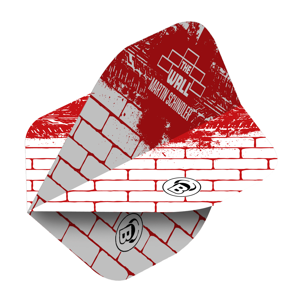 Bulls Metrixx Martin Schindler Blanc Rouge N°2 Vols Standard Das Bild zeigt ein Dartflight im roten und weißen Ziegelstein-Design mit der Aufschrift "The Wall Martin Schindler". Das Produkt ist ein Bulls Metrixx Martin Schindler White Red No2 Standard Flight.
