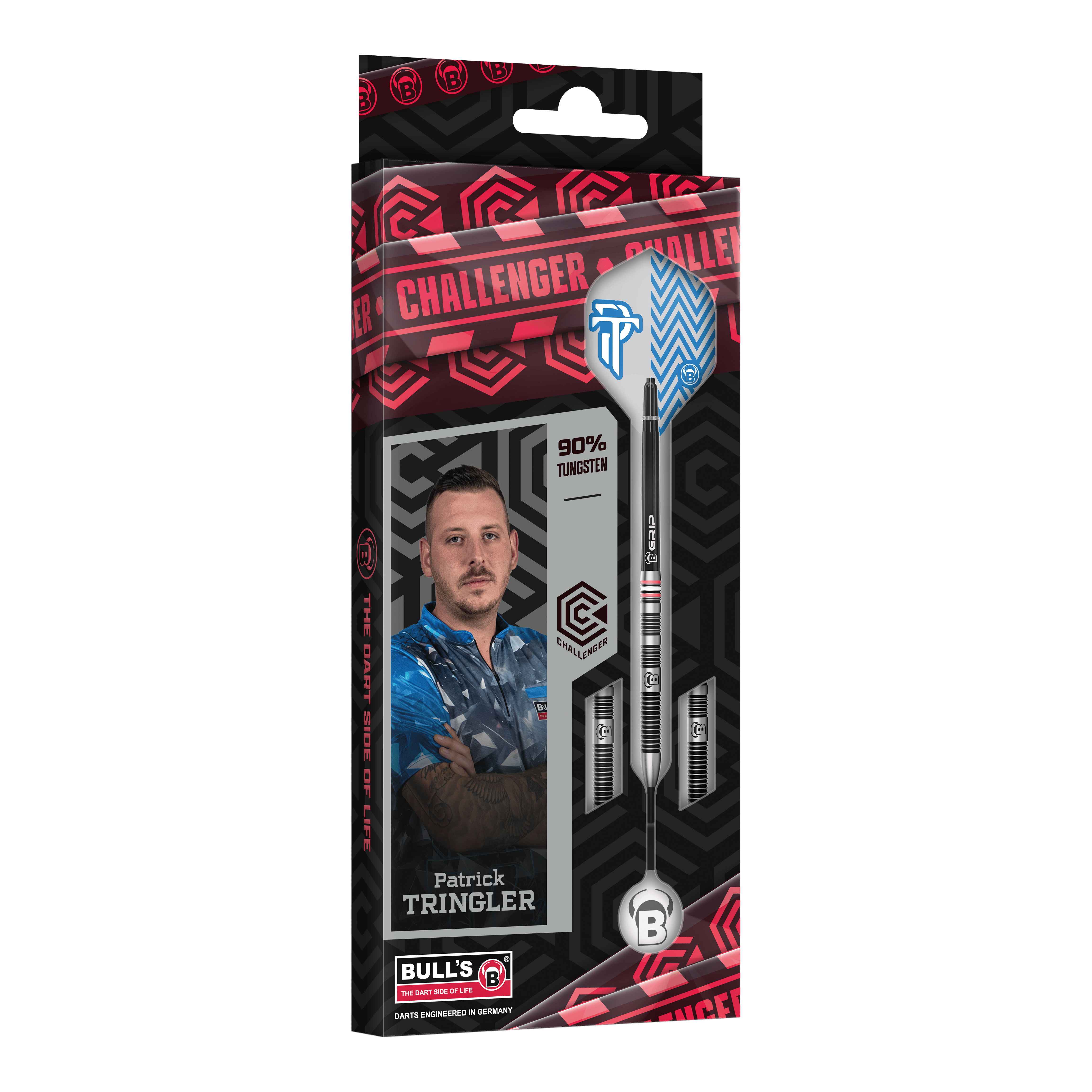Fléchettes en acier Bulls Challenger Patrick Tringler - 21 g Zu sehen ist das Set Bulls Challenger Patrick Tringler Steeldarts mit 21g. Es handelt sich um hochwertige Steeldarts mit dem Namen des Profis Patrick Tringler.