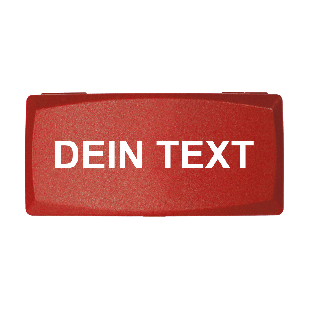 Das Bild zeigt eine rote rechteckige Box mit weißem Text darauf. Auf der Box steht in Großbuchstaben "DEIN TEXT".