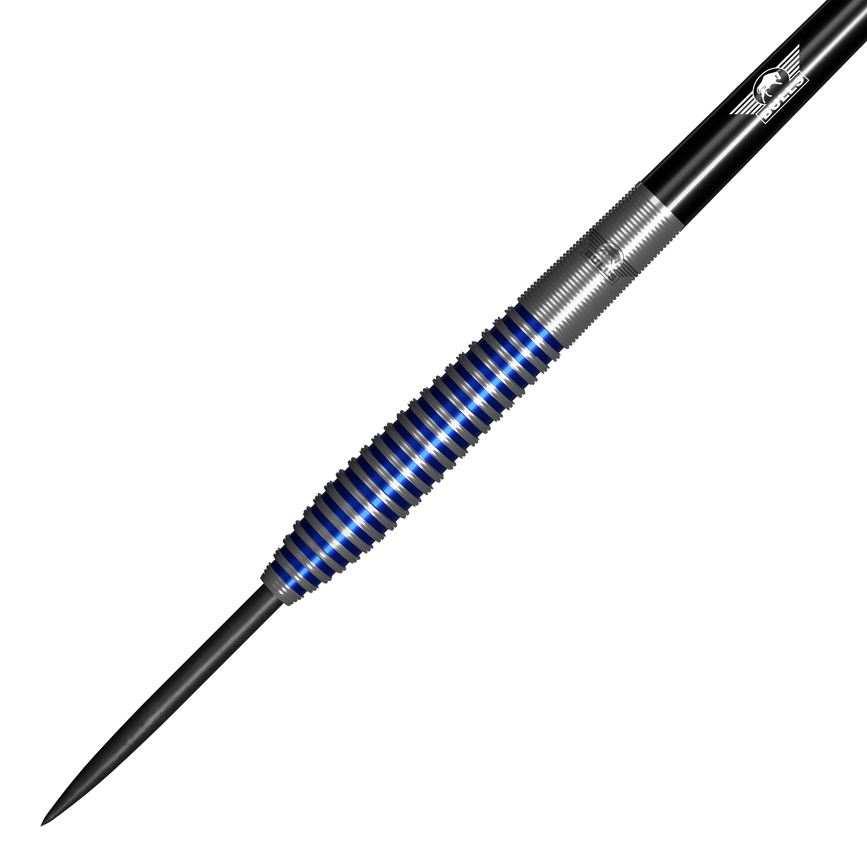 Fléchettes en acier Bulls NL Romeo Grbavac - 23 g Das Bild zeigt einen Steeldartpfeil mit silbernen und blauen Ringen am Griff. Es handelt sich um das Produkt "Bulls NL Romeo Grbavac Steeldarts - 23g".