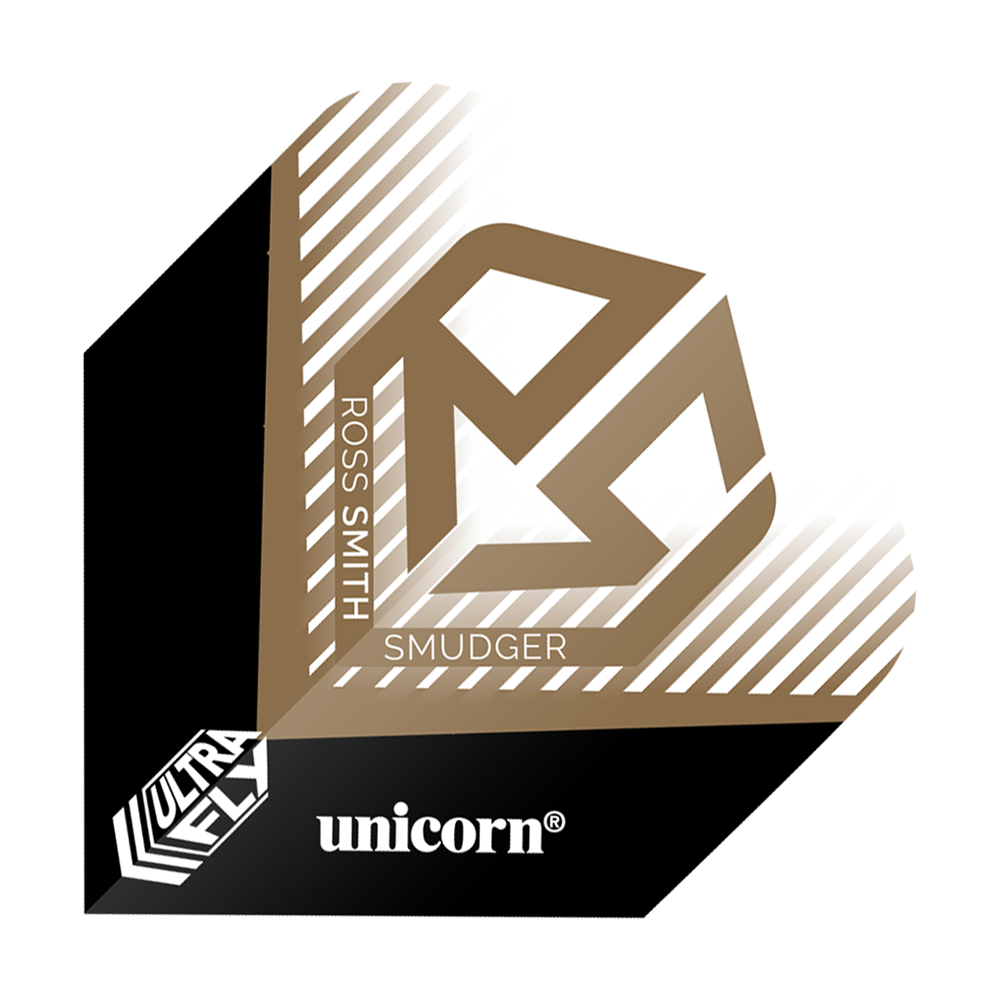 Vols Unicorn Ultrafly 100 Ross Smith Plus Das Bild zeigt ein Dartflight mit dem Namen "Unicorn Ultrafly 100 Ross Smith Plus Flights". Es ist in Schwarz, Weiß und Gold gestaltet und trägt den Namen "Ross Smith" sowie das Logo "Unicorn".