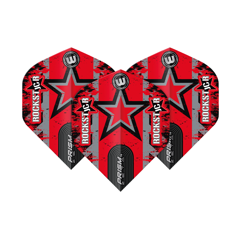 6915-319_Winmau_Prism_Zeta_Joe_Cullen_Star_Standard_Flights_1eGavUadQdkmug Das Bild zeigt drei rote Dartflights mit einem schwarzen Stern und dem Schriftzug "ROCKSTAR". Auf den Flights steht auch "PRISM ZETA" und das Winmau-Logo ist oben abgebildet.