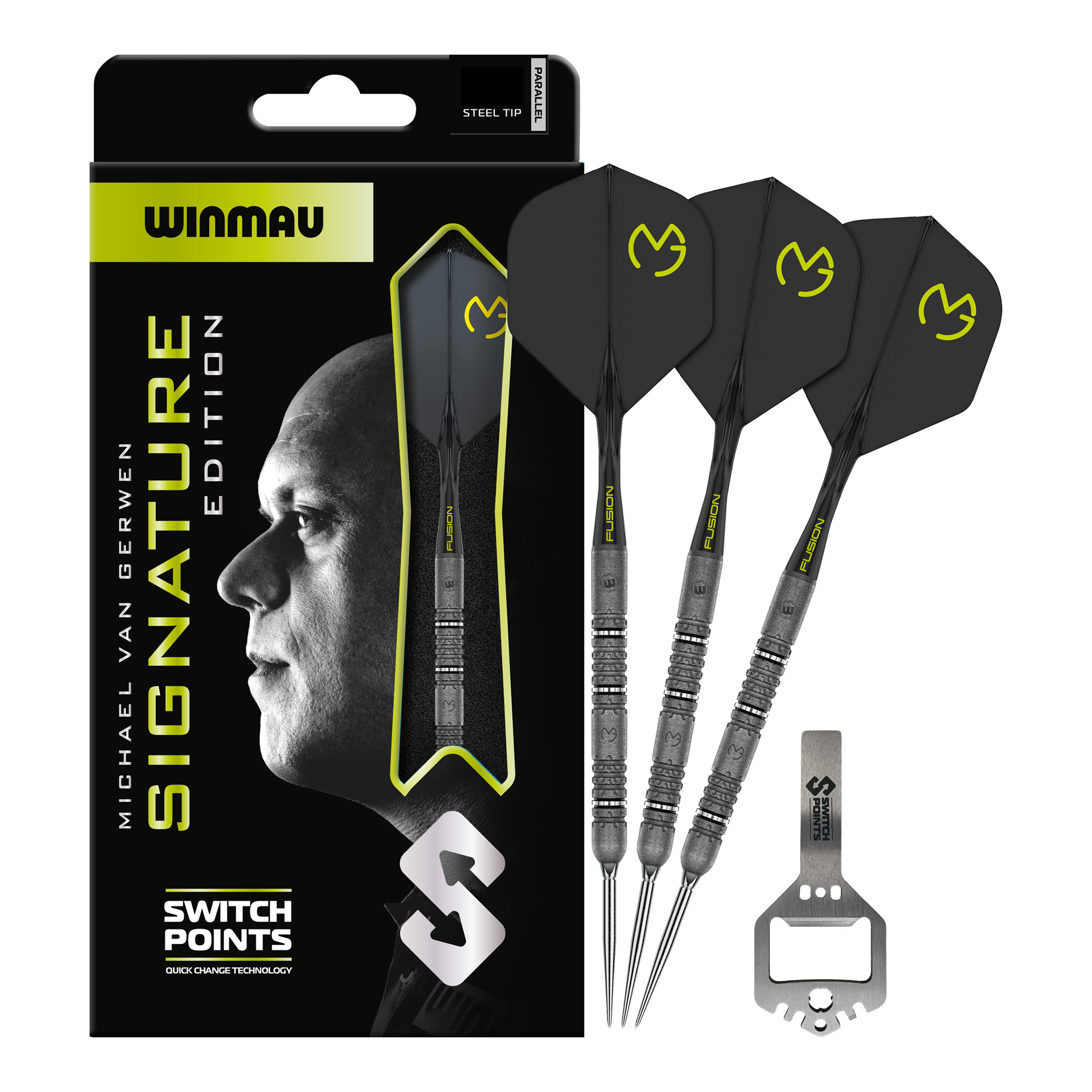 Winmau Michael van Gerwen Signature Edition Switch Points Steeldarts Das Bild zeigt die Winmau MvG Signature Edition Switch Points Steeldarts. Es handelt sich um hochwertige Steeldarts speziell für Profis und Sammler.