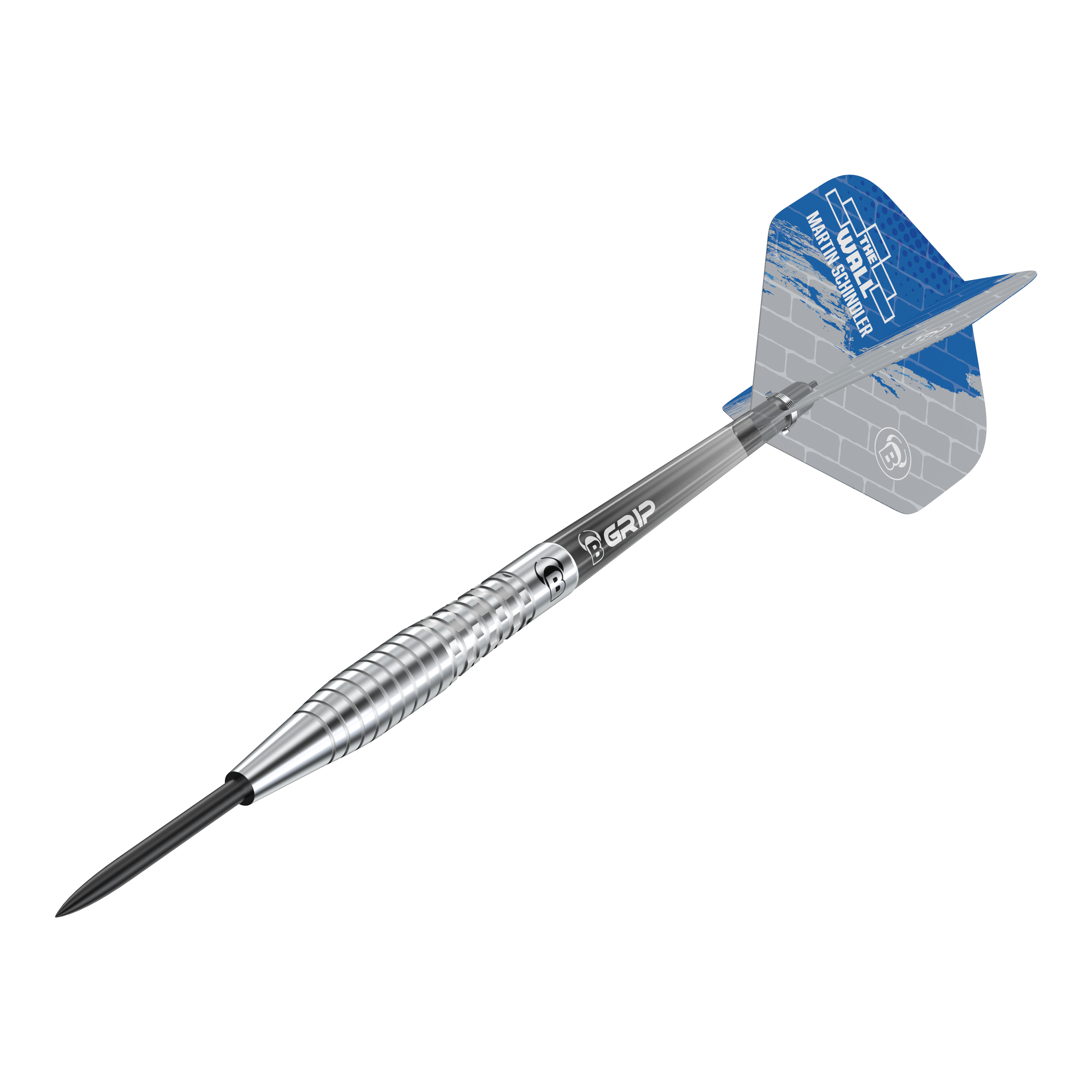 Das Bild zeigt einen Bulls Martin Schindler Original Generation 2 Steeldartpfeil. Der Dartpfeil hat einen silbernen, geriffelten Schaft und ein blau-graues Flight mit Aufdruck.