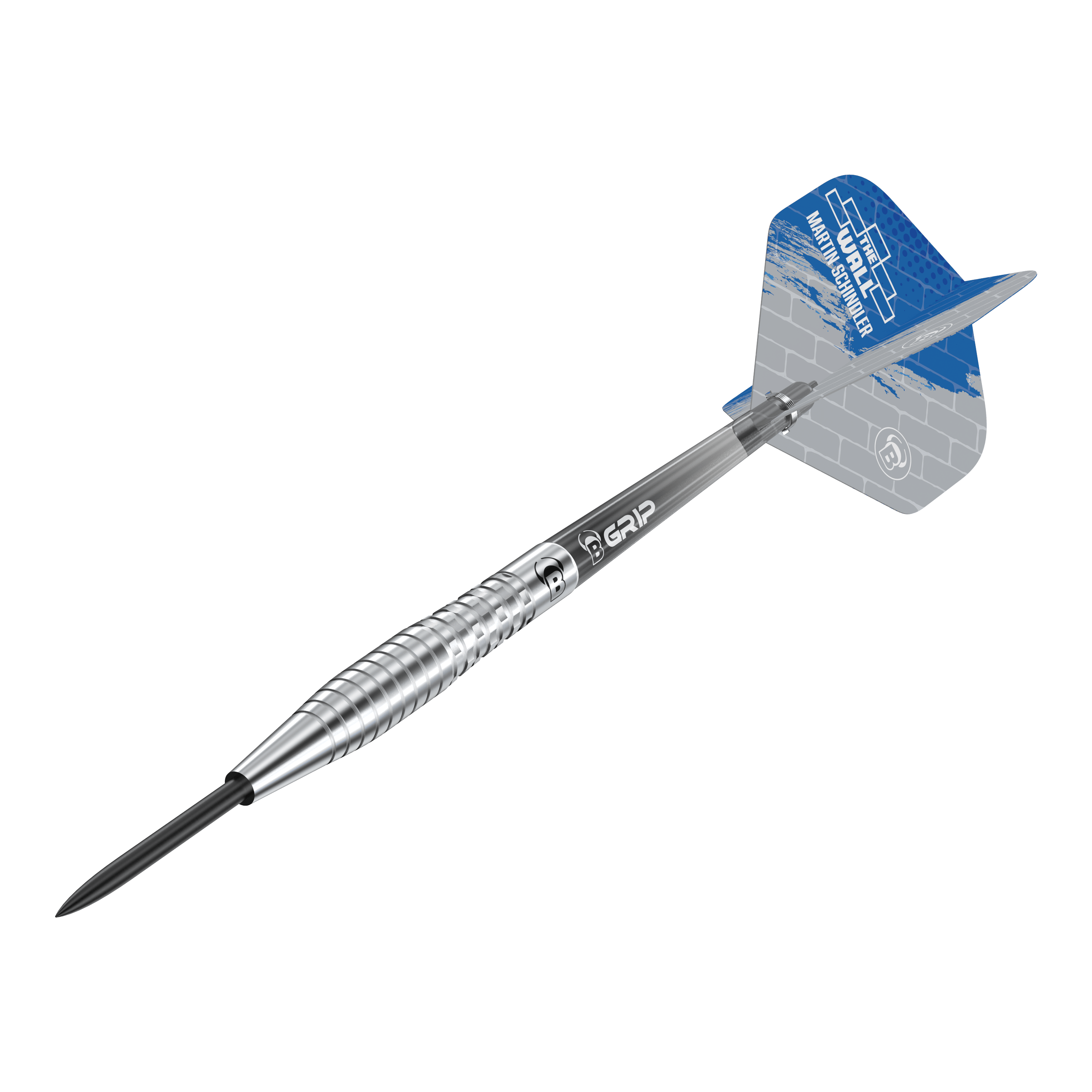 Fléchettes en acier Bulls Martin Schindler Original Generation 2 Das Bild zeigt einen Bulls Martin Schindler Original Generation 2 Steeldartpfeil. Der Dartpfeil hat einen silbernen, geriffelten Schaft und ein blau-graues Flight mit Aufdruck.