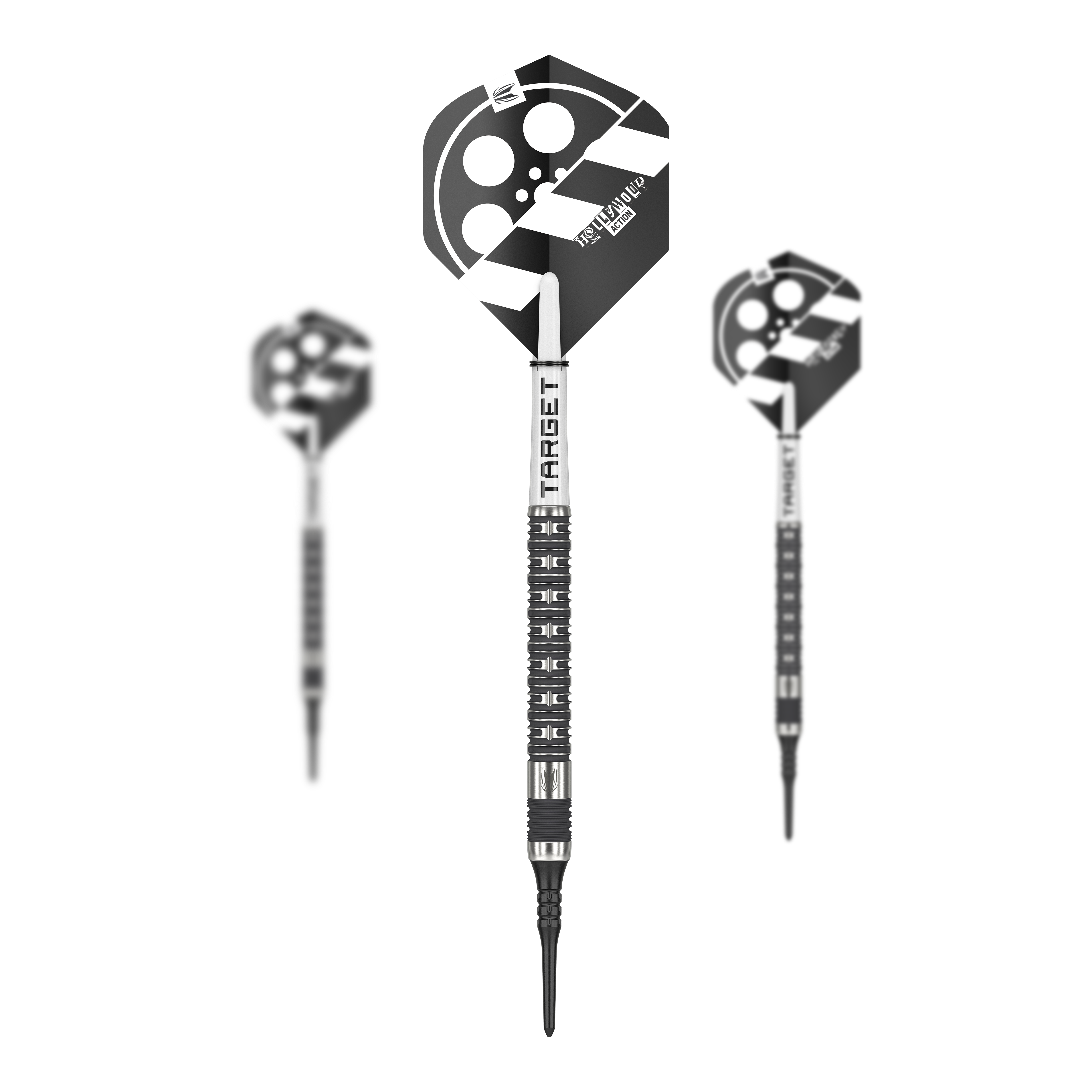 Fléchettes souples Target Chris Dobey Hollywood Action - 20 g Das Bild zeigt drei Softdarts des Produkts "Target Chris Dobey Hollywood Action Softdarts - 20g". Die Flights der Darts sind mit einem schwarz-weißen Hollywood-Design verziert.