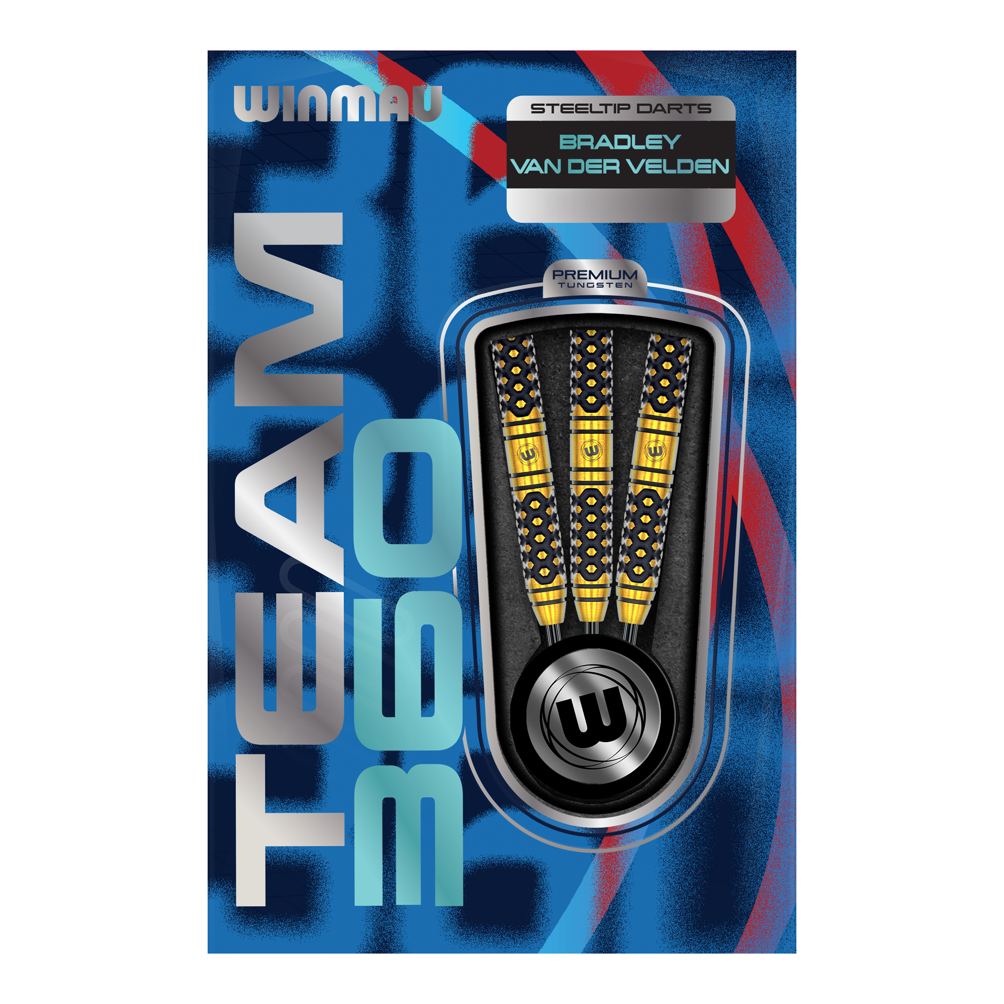 Fléchettes en acier Winmau Team 360 Bradley Van Der Velden - 22 g Abgebildet sind die Winmau Team 360 Bradley Van Der Velden Steeldarts - 22g. Das Foto hebt die Form und Verarbeitung der Darts hervor.