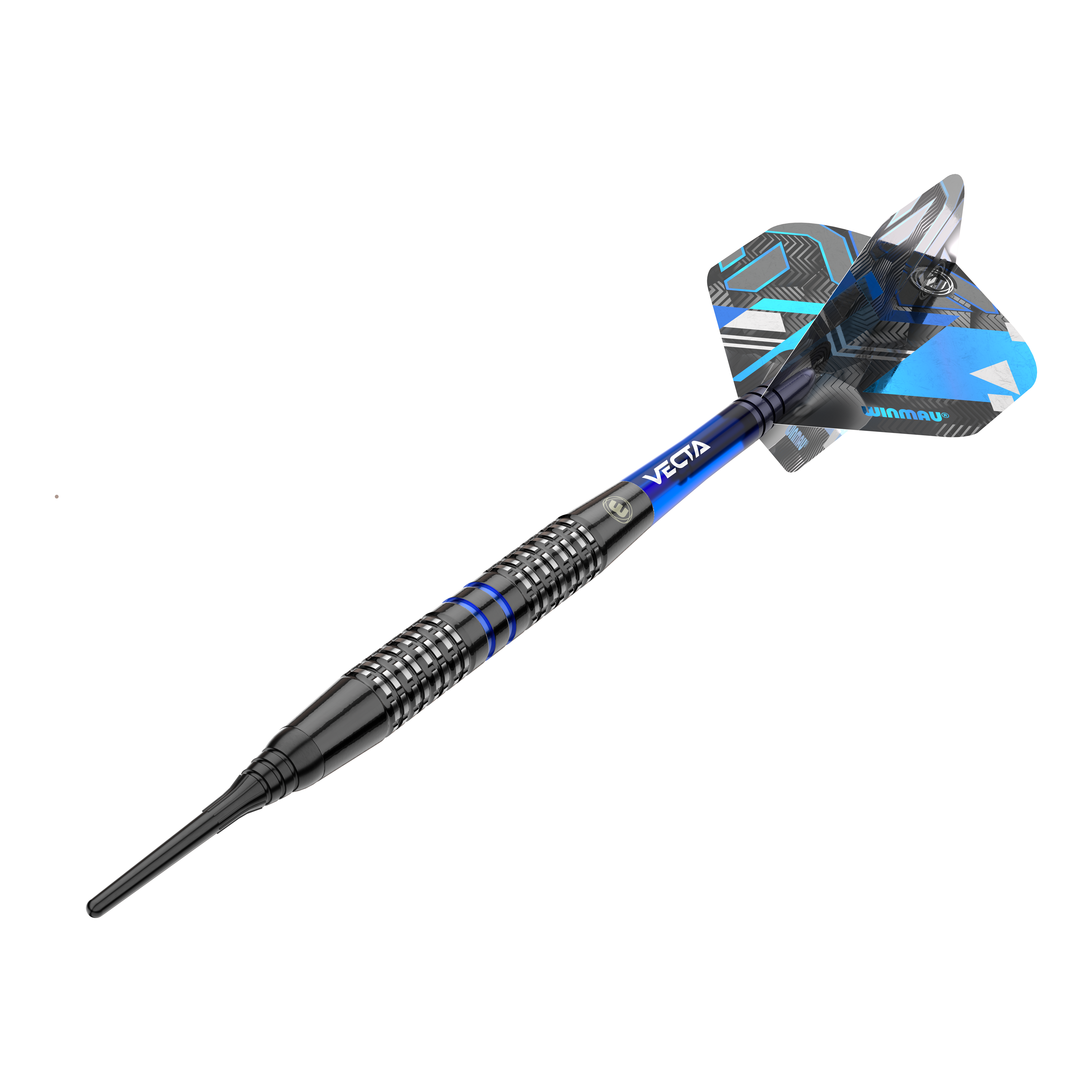 Fléchettes souples Winmau Galactics - 20 g Das Bild zeigt einen Winmau Galactics Softdart mit einem Gewicht von 20 Gramm. Der Dart ist überwiegend schwarz mit blauen Akzenten und verfügt über ein modernes Design.