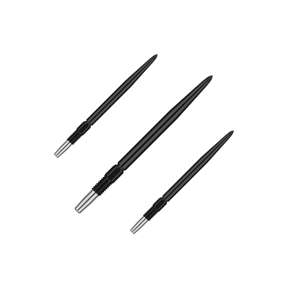 Pointes de fléchettes Target Swiss Point Black Das Bild zeigt drei schwarze Dartspitzen mit silbernen Gewinden. Sie sind nebeneinander auf grünem Hintergrund angeordnet.