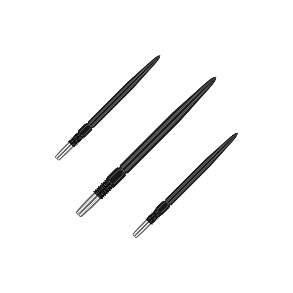 Pointes de fléchettes Target Swiss Point Black Schwarze Dartspitzen mit matter Fläche werden als Set präsentiert. Mehrere Spitzen sind nebeneinander gruppiert.