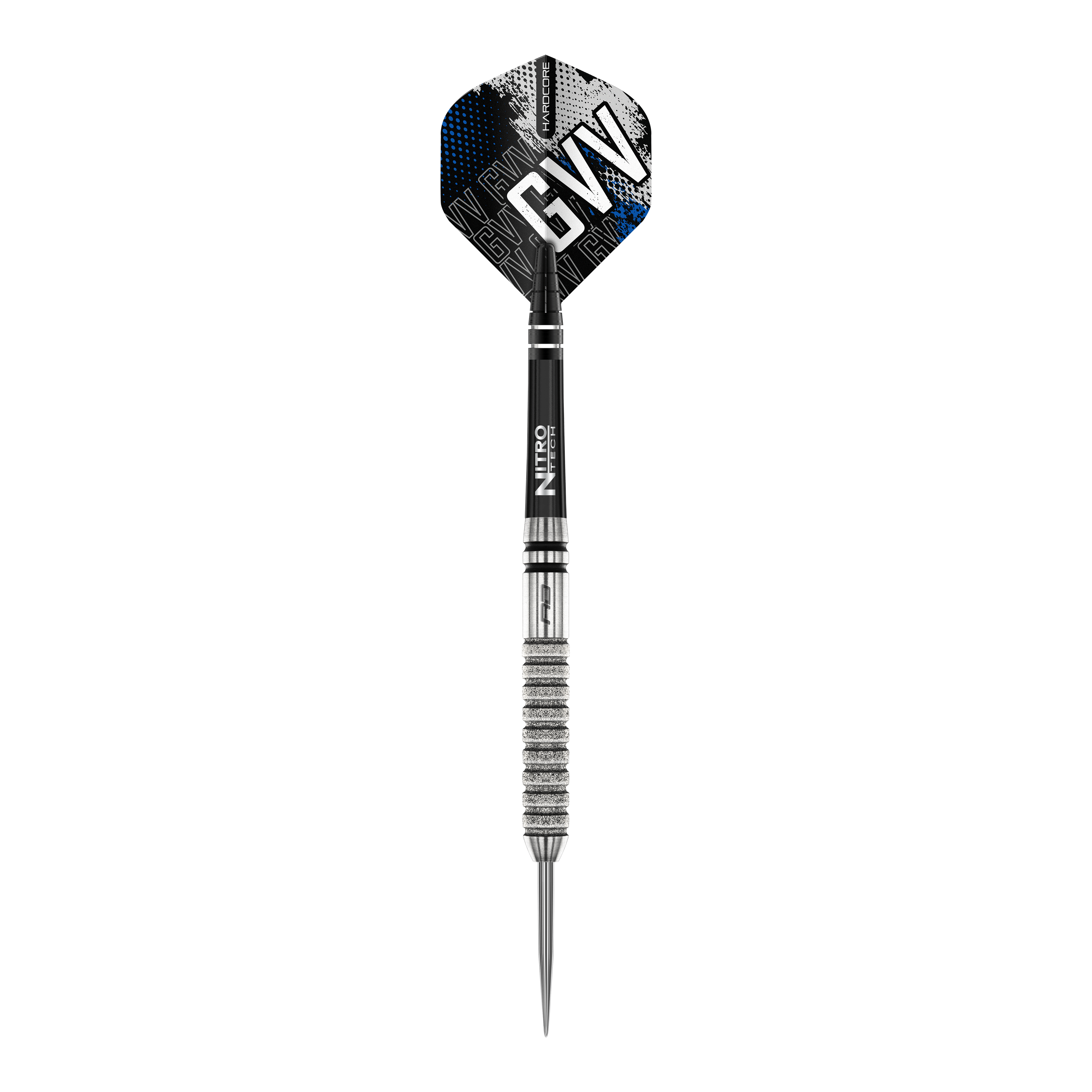 Dragon Rouge Gian Van Veen Tour Edition Steeldarts - 22g Das Bild zeigt einen Red Dragon Gian Van Veen Tour Edition Steeldart mit einem Gewicht von 22 Gramm. Der Dartpfeil hat ein silbernes, gerilltes Barrel und ein schwarzes Flight mit der Aufschrift „GVV“.