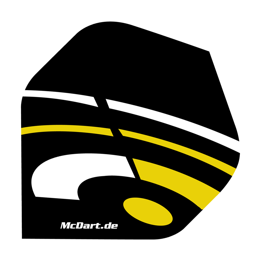 Vols standard McDart ID - Jaune Das Bild zeigt ein McDart ID Standard Flight in den Farben Schwarz, Gelb und Weiß. Auf dem Flight ist auch die Webseite "McDart.de" aufgedruckt.
