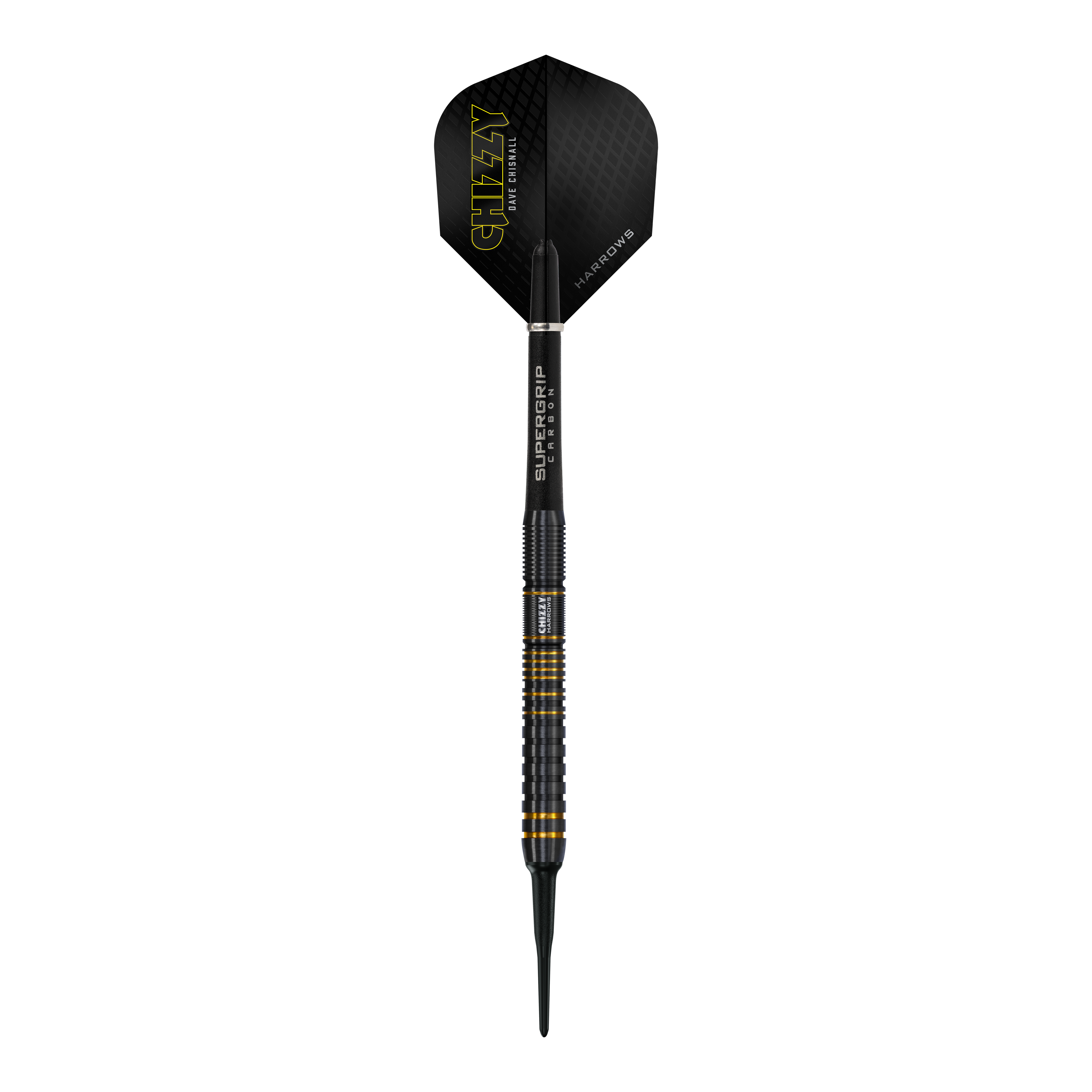 Fléchettes souples Dave Chisnall Chizzy Series 3 de Harrow Dieses Bild zeigt einen Harrows Dave Chisnall Chizzy Series 3 Softdart. Der Dartpfeil ist schwarz mit gelben Akzenten und trägt den Schriftzug "CHIZZY" auf dem Flight.