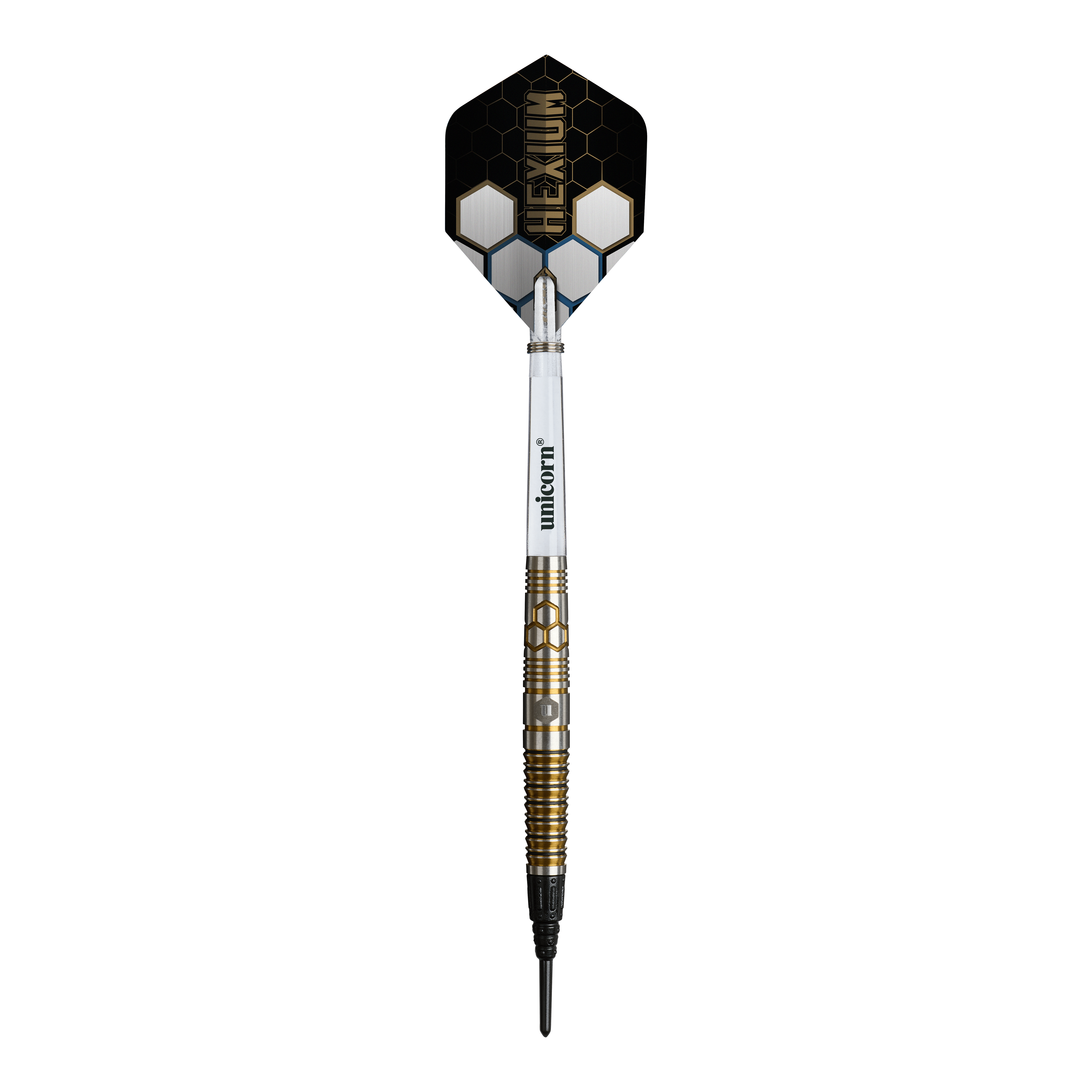 Fléchettes souples Unicorn Hexium Style 03 Or et Noir - 23 g Das Bild zeigt die Unicorn Hexium Style 03 Gold & Black Softdarts mit 23g Gewicht. Die Darts sind in den Farben Gold und Schwarz gestaltet.