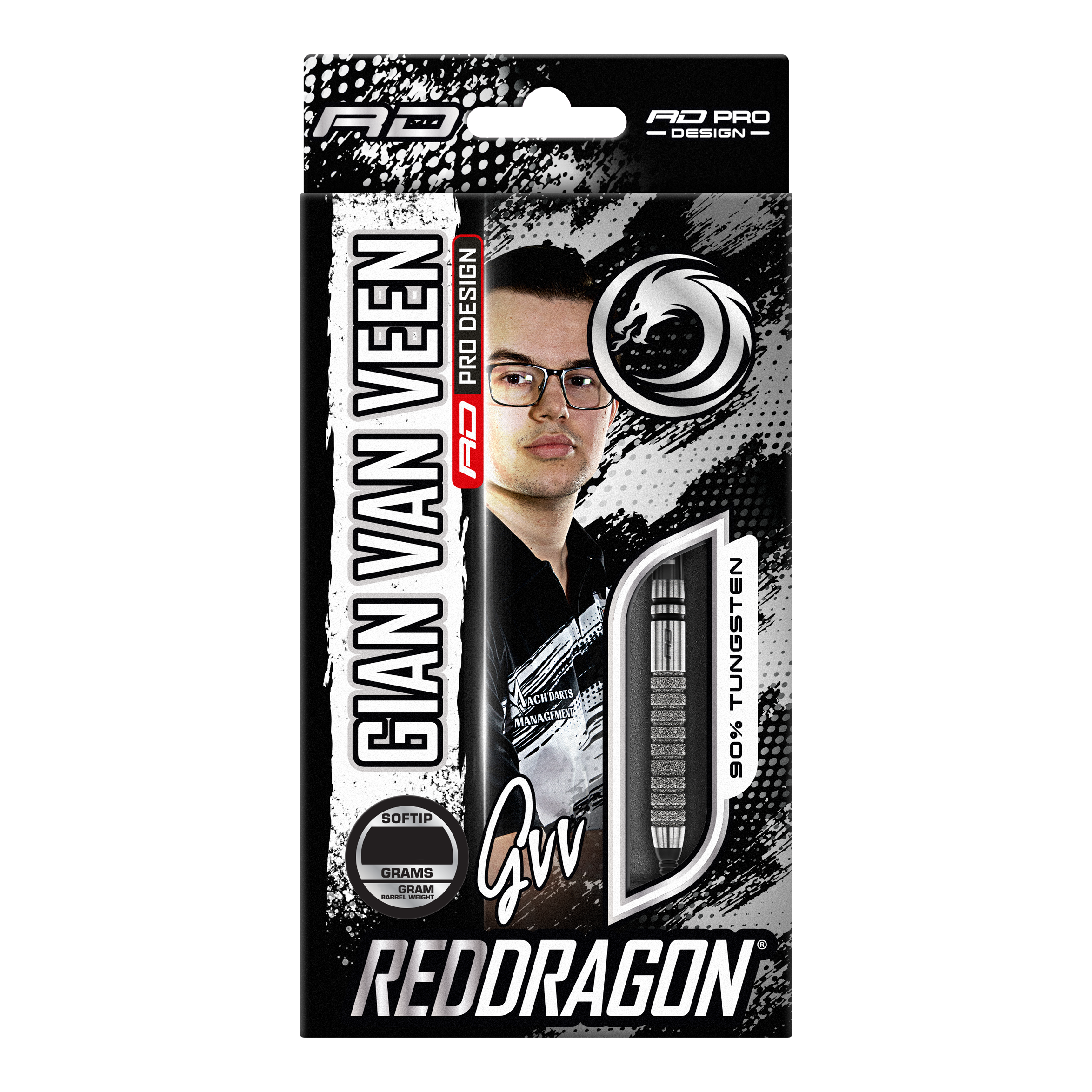 Fléchettes souples Red Dragon Gian Van Veen Tour Edition - 20 g Auf dem Bild ist die Verpackung der "Red Dragon Gian Van Veen Tour Edition Softdarts - 20g" zu sehen. Die Packung zeigt ein Porträt von Gian Van Veen und ein Sichtfenster mit einem Dartpfeil.