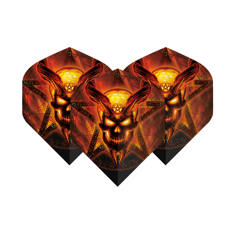 Alchemy Burning Temple No2 Vols standards Die Abbildung zeigt drei Dart-Flights mit einem brennenden, dämonischen Totenkopf-Design vor einem Pentagramm. Die Farben sind hauptsächlich feuriges Rot und Gelb, was dem Produkt ein auffälliges und dramatisches Aussehen verleiht.
