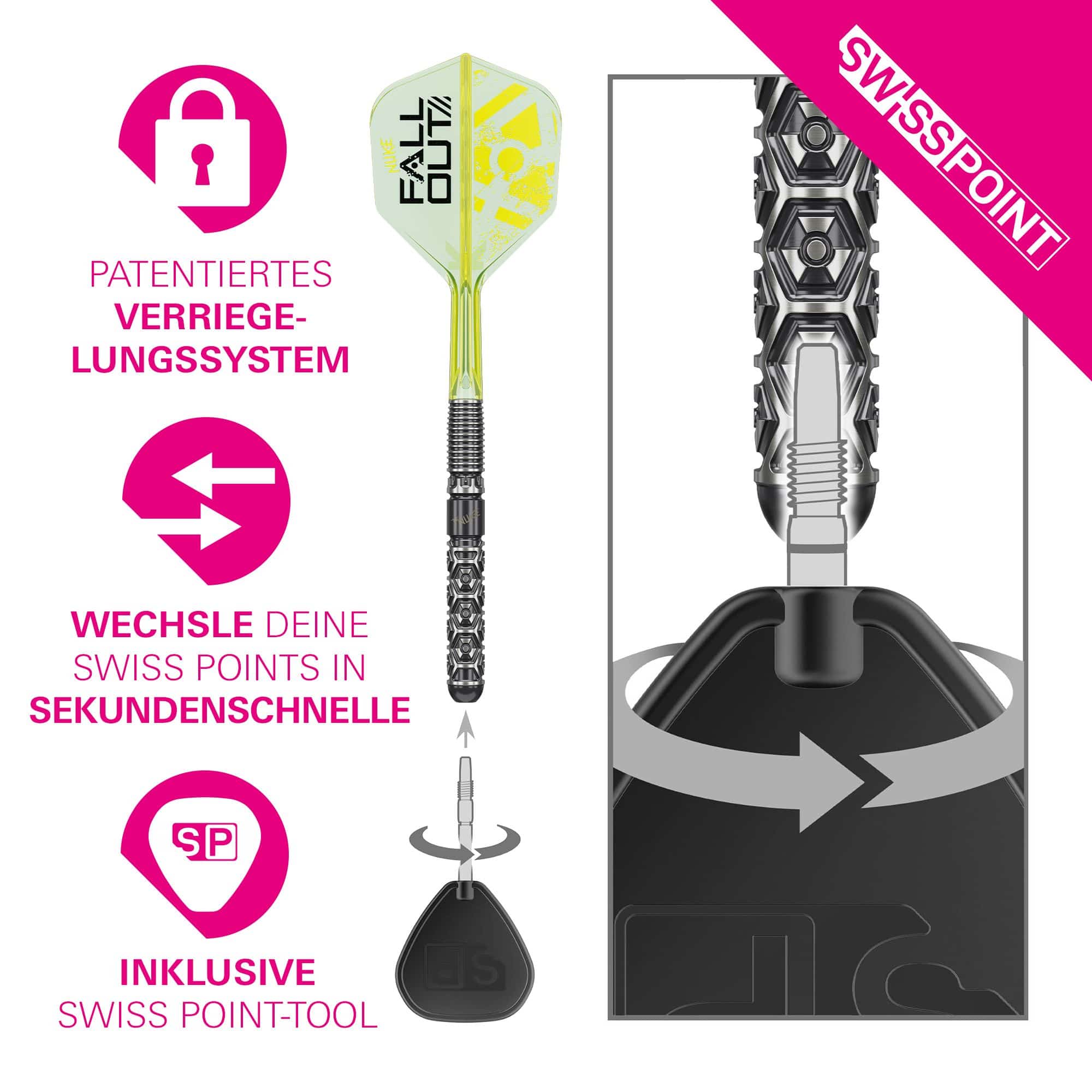 Zu sehen sind die Target Luke Littler Nuke Fallout Swiss Points Steeldarts. Diese Darts zeichnen sich durch ihr einzigartiges Aussehen und ihre hohe Qualität aus.