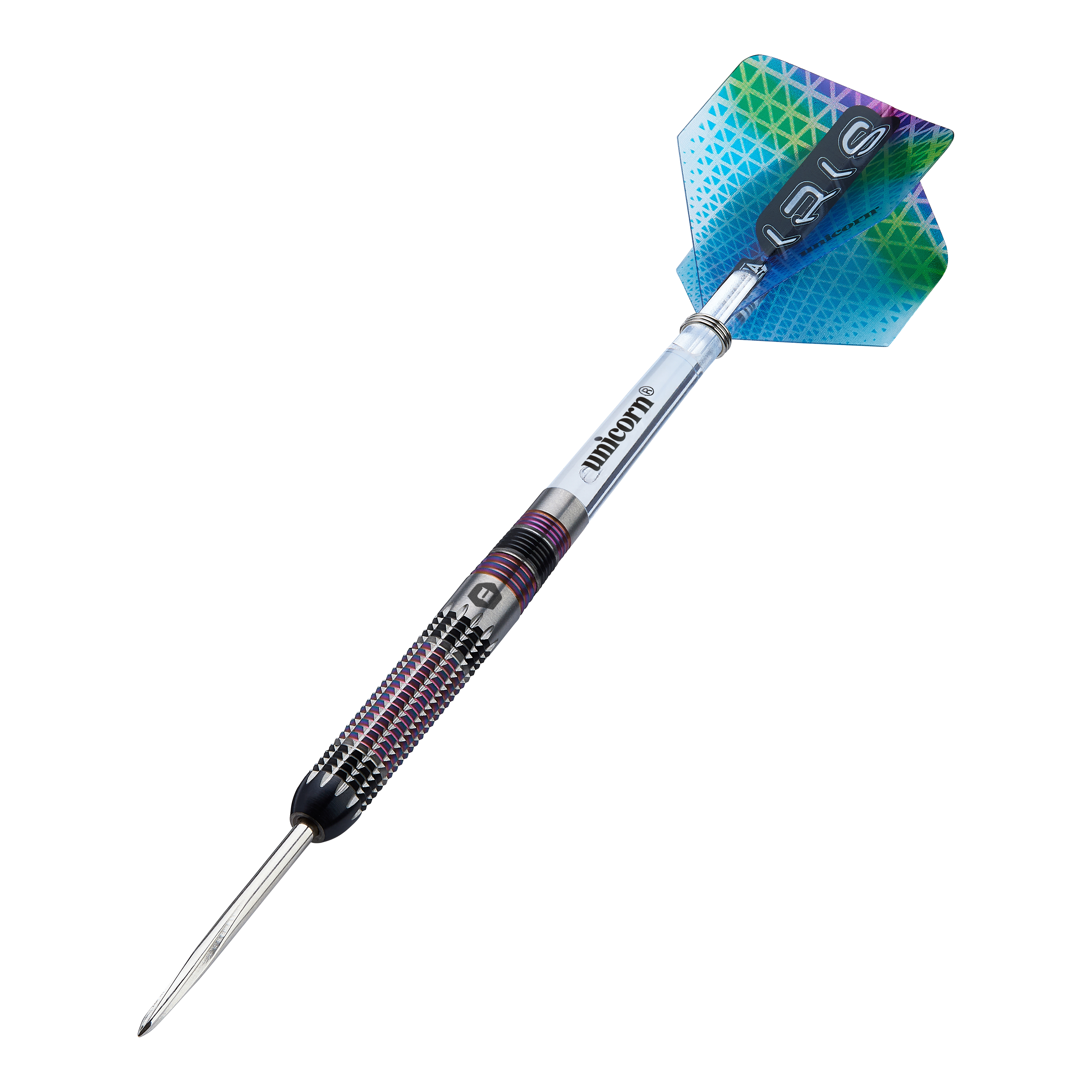 Fléchettes en acier Unicorn Iris Dies ist ein Unicorn Iris Steeldart mit einer farbigen Spitze und einem strukturierten Griff. Die Flights haben ein buntes, geometrisches Muster in Blau und Grün.