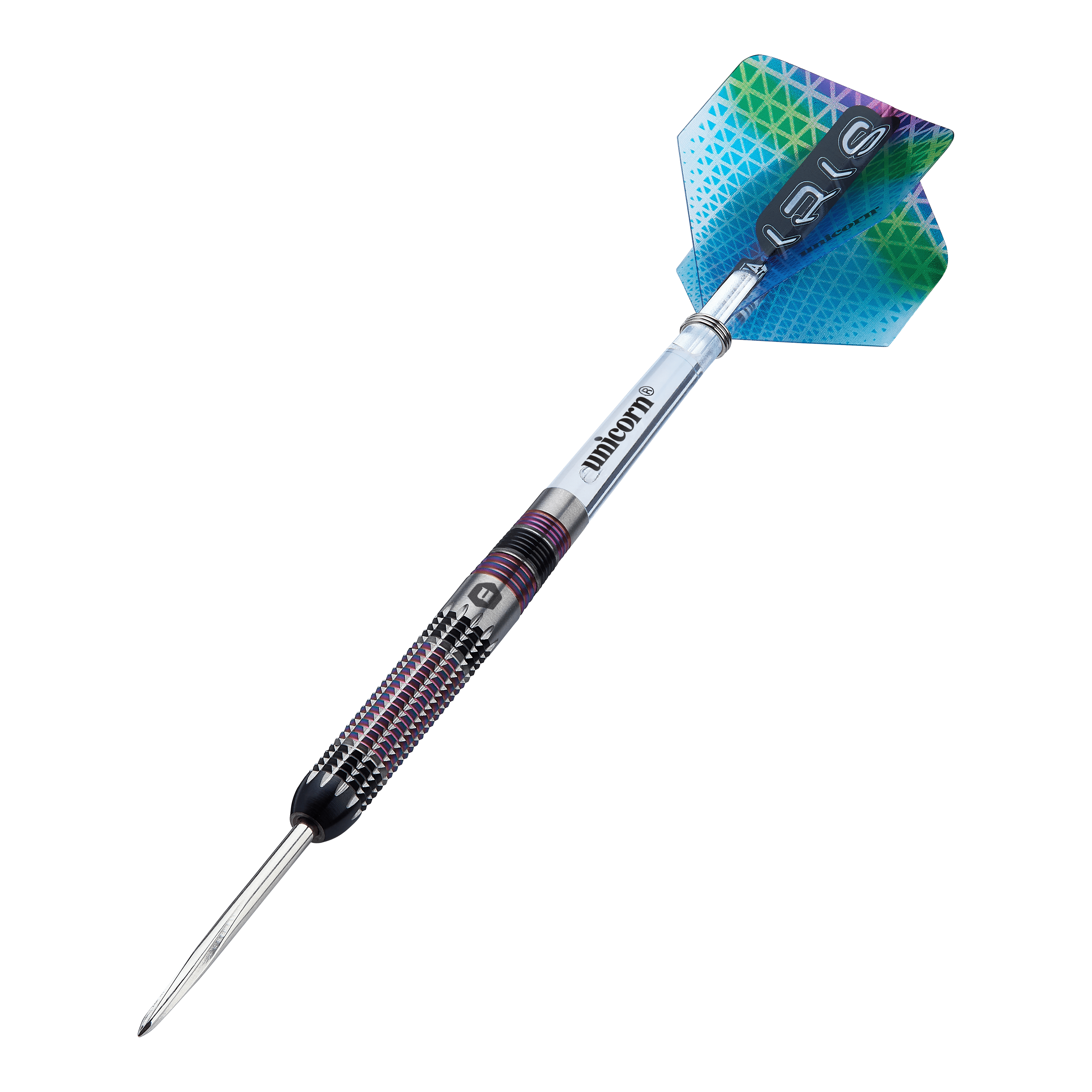 Fléchettes en acier Unicorn Iris Unicorn Iris Steeldarts sind als Set abgebildet. Die Darts haben eine auffällige Form.