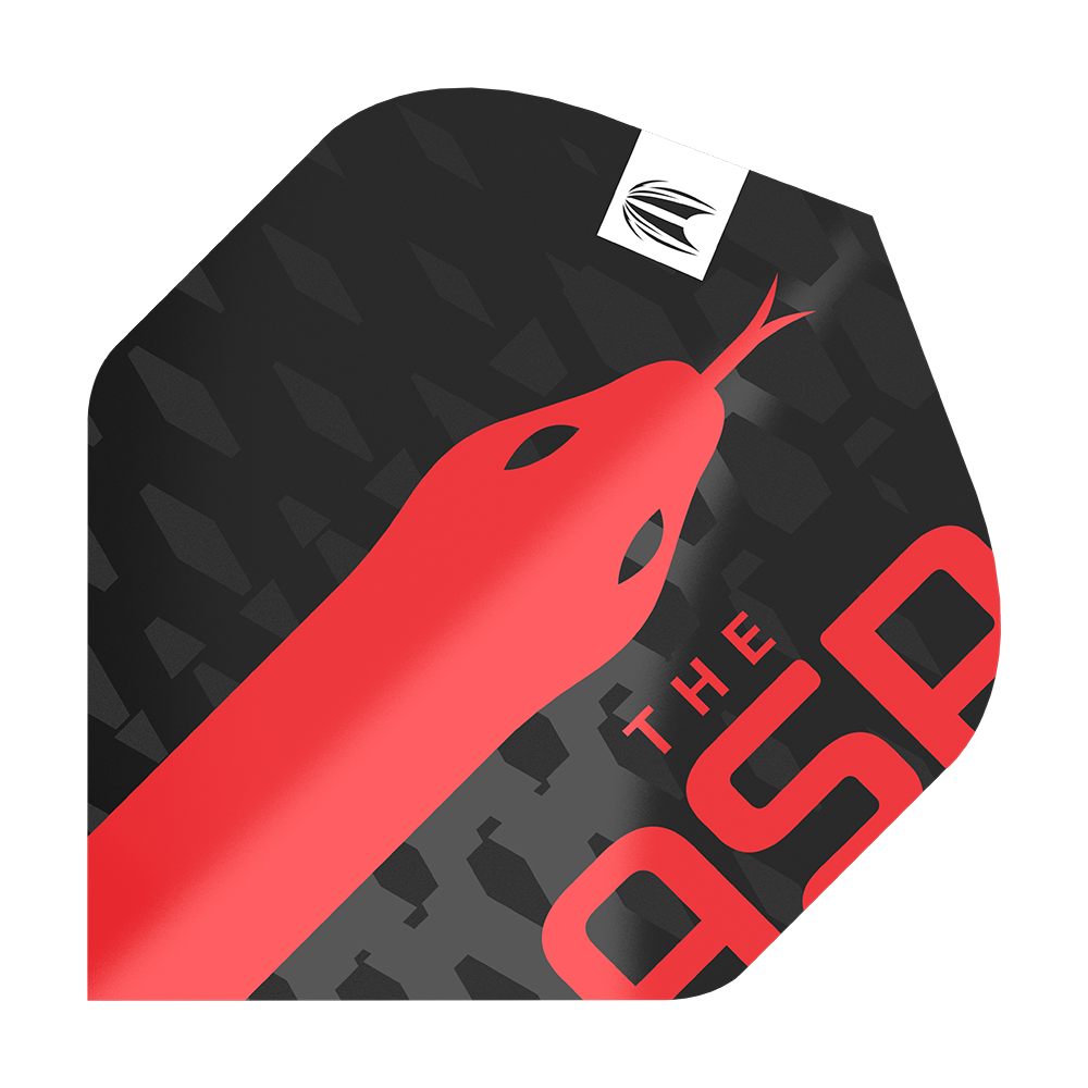 Ailettes Standard Target Pro Ultra Nathan Aspinall No2 - 3 jeux Das Bild zeigt ein Dartflight-Design mit einem roten Schlangenmotiv auf schwarzem Hintergrund. In einer Ecke steht der Text "THE ASP" in roten Buchstaben.