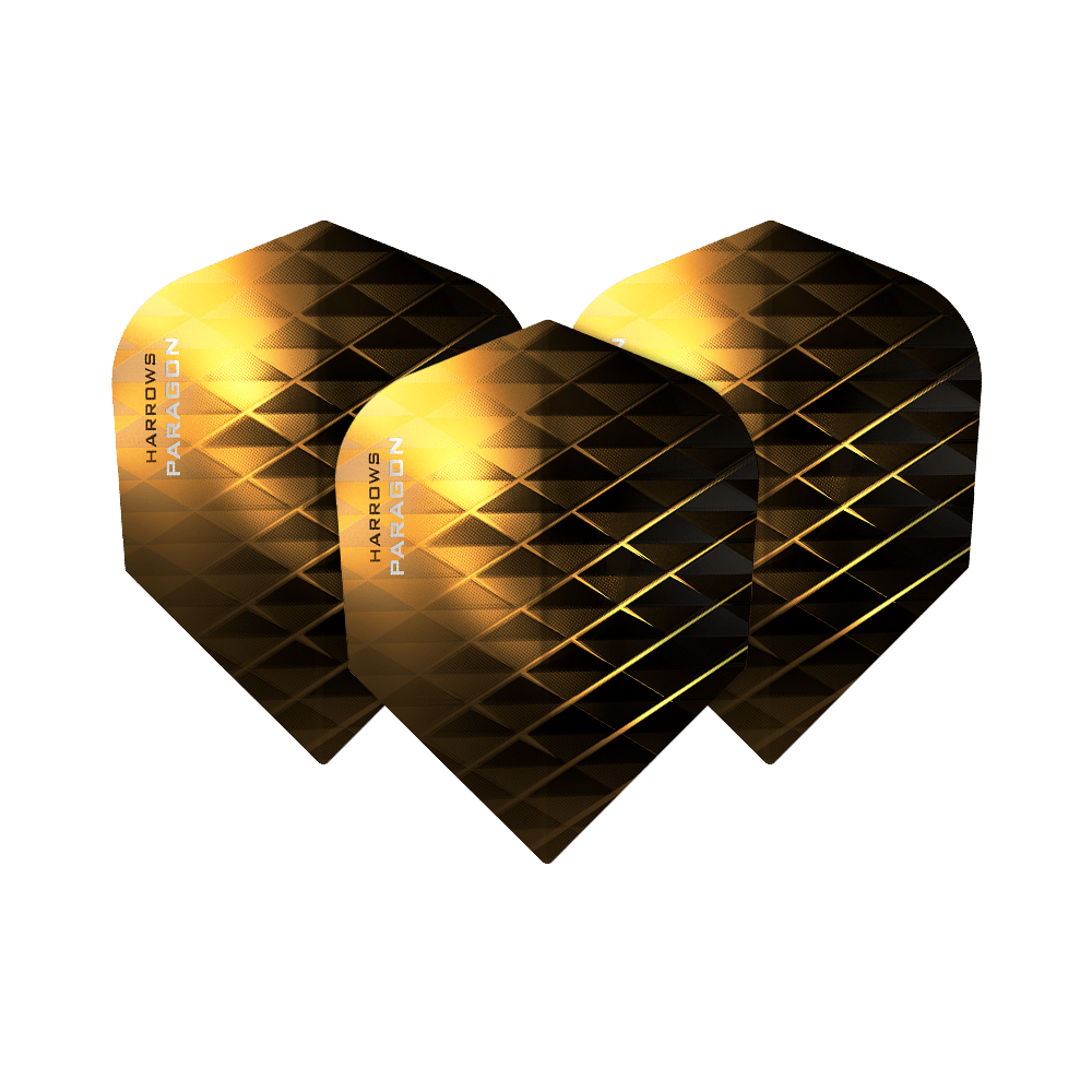 HR7605_Harrows_Paragon_Gold_No2_Standard_Flights_1z1L45aOP0fRWM Das Bild zeigt drei Dart-Flights mit einem gold-schwarzen, rautenförmigen Muster. Auf den Flights steht der Produktname "Harrows Paragon Gold No2 Standard".