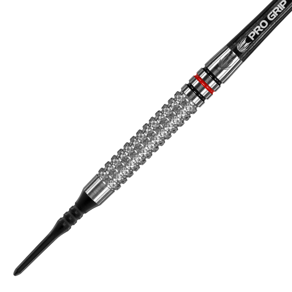 Fléchettes souples Target Vapor8 05 - 18 g Das Bild zeigt einen Target Vapor8 05 Softdart mit einem Gewicht von 18 Gramm. Der Dart hat eine strukturierte Griffoberfläche und eine schwarze Pro Grip Shafts.