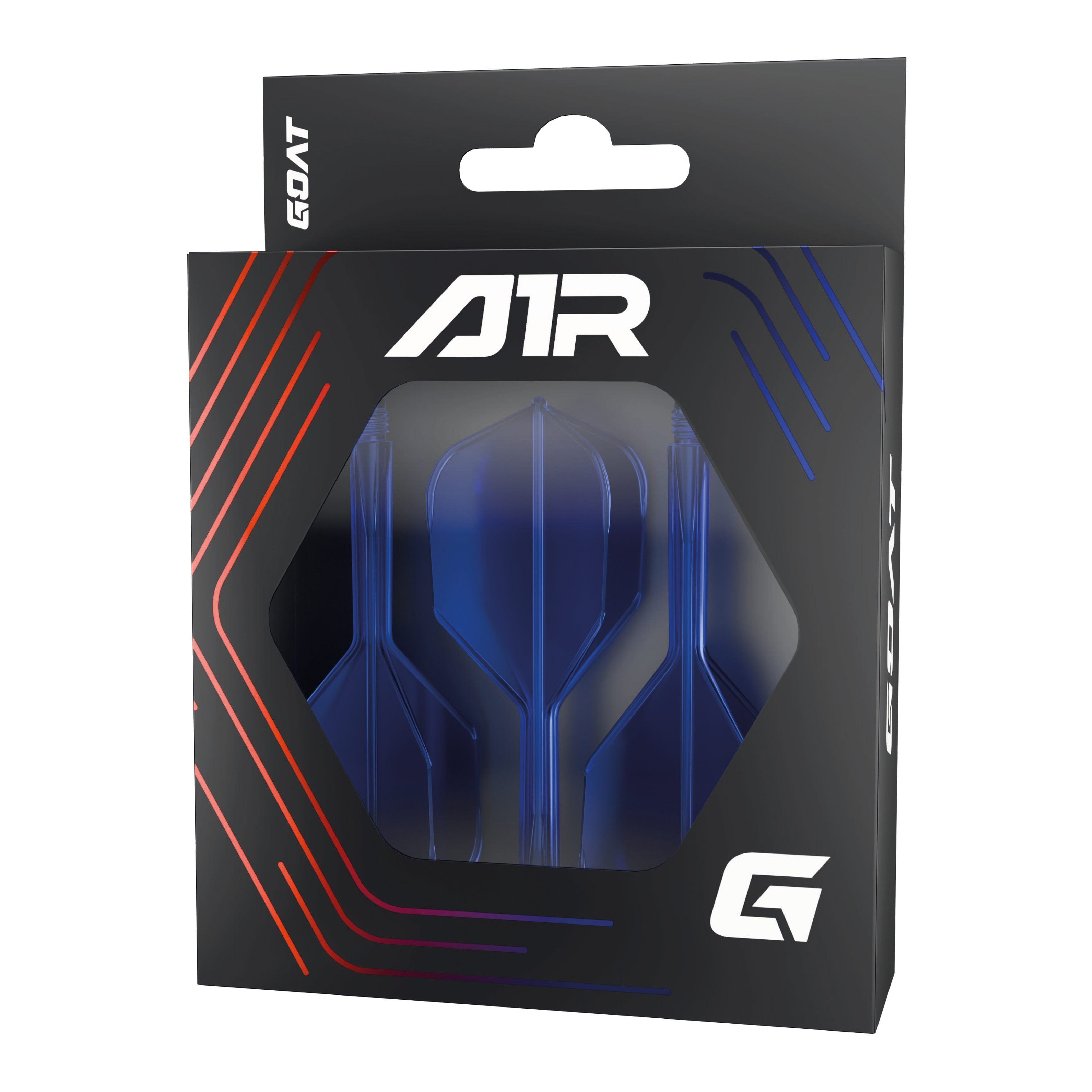 Système d'arbre de vol GOAT A1R n° 6 - Bleu Die Abbildung zeigt das Produkt "GOAT A1R No6 Flight-Shaft-System - Blau" in seiner Verpackung. Im Inneren sind blaue Dart-Flights und -Schäfte sichtbar.