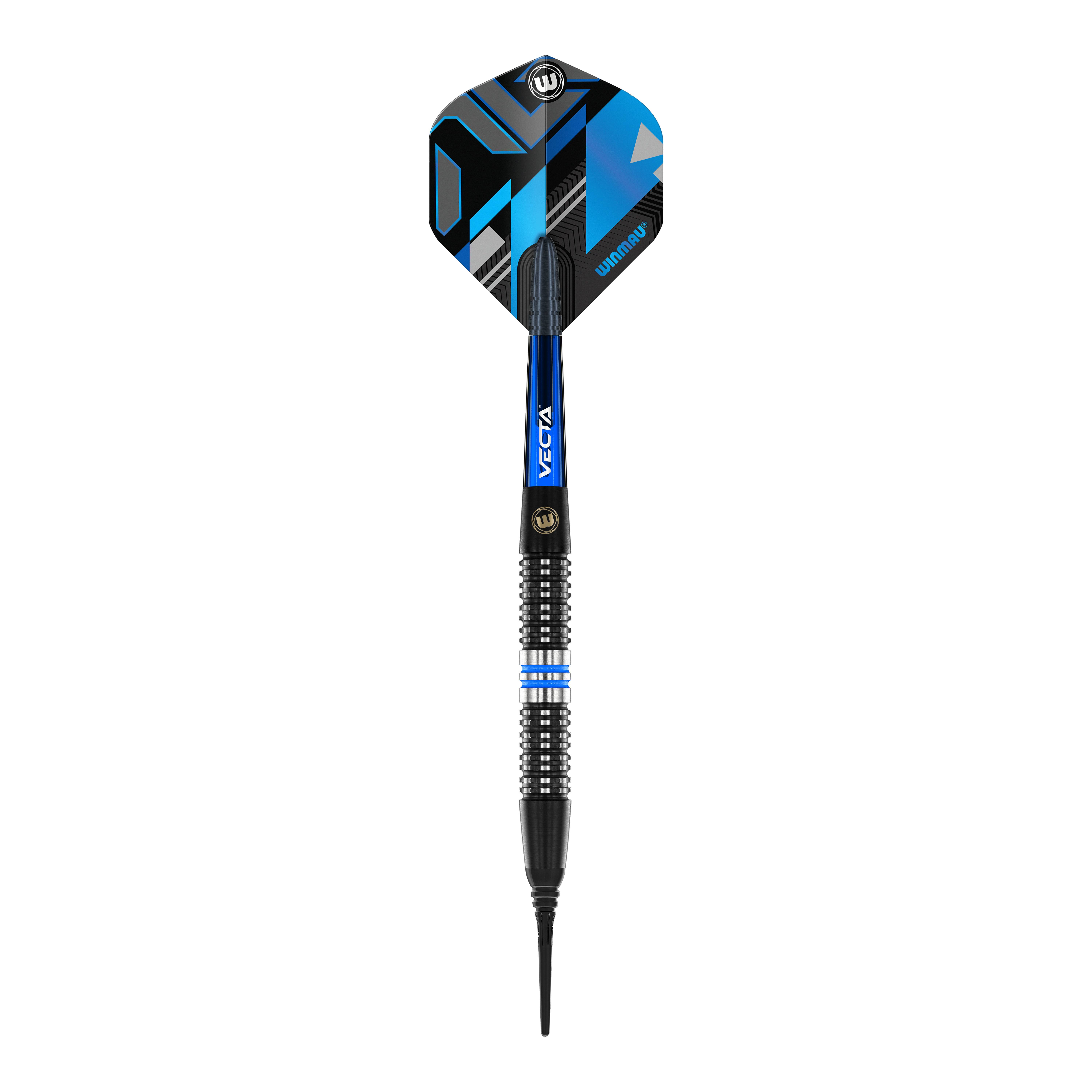 Fléchettes souples Winmau Galactics - 20 g Das Bild zeigt einen Winmau Galactics Softdart mit einem Gewicht von 20 Gramm. Der Dart hat schwarze, blaue und silberne Akzente sowie eine moderne, geometrische Flight-Gestaltung.