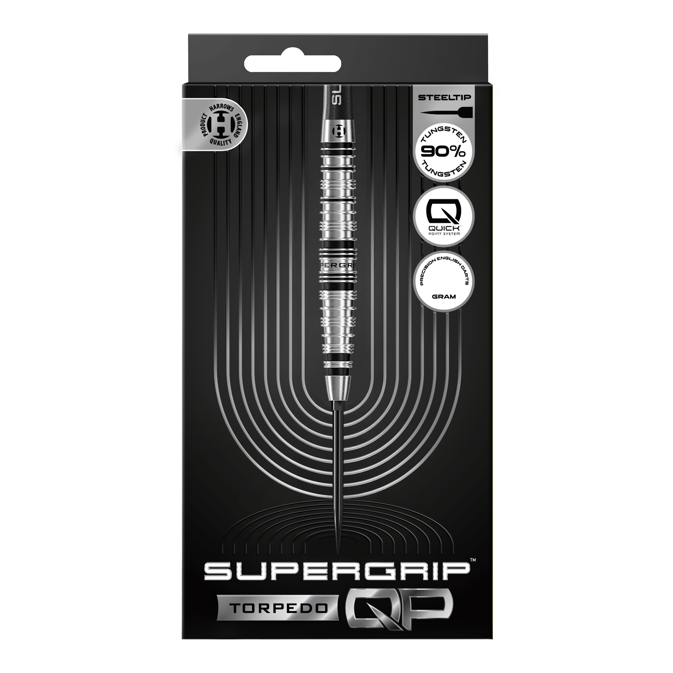 Fléchettes en acier Harrows Supergrip Torpedo Quick Point Hier werden die Harrows Supergrip Torpedo Quick Point Steeldarts dargestellt. Diese Darts sind robust und für hohe Performance beim Spielen geeignet.