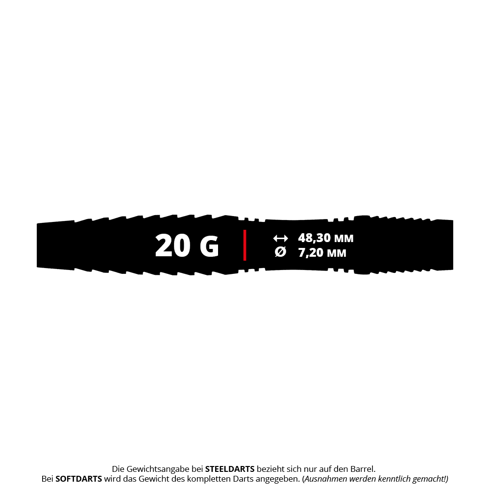 Fléchettes Red Dragon Seren 3 Pure Softdarts - 20 g Das Bild zeigt den Red Dragon Seren 3 Pure Softdart mit einem Gewicht von 20 Gramm. Die Länge beträgt 48,30 mm und der Durchmesser 7,20 mm.
