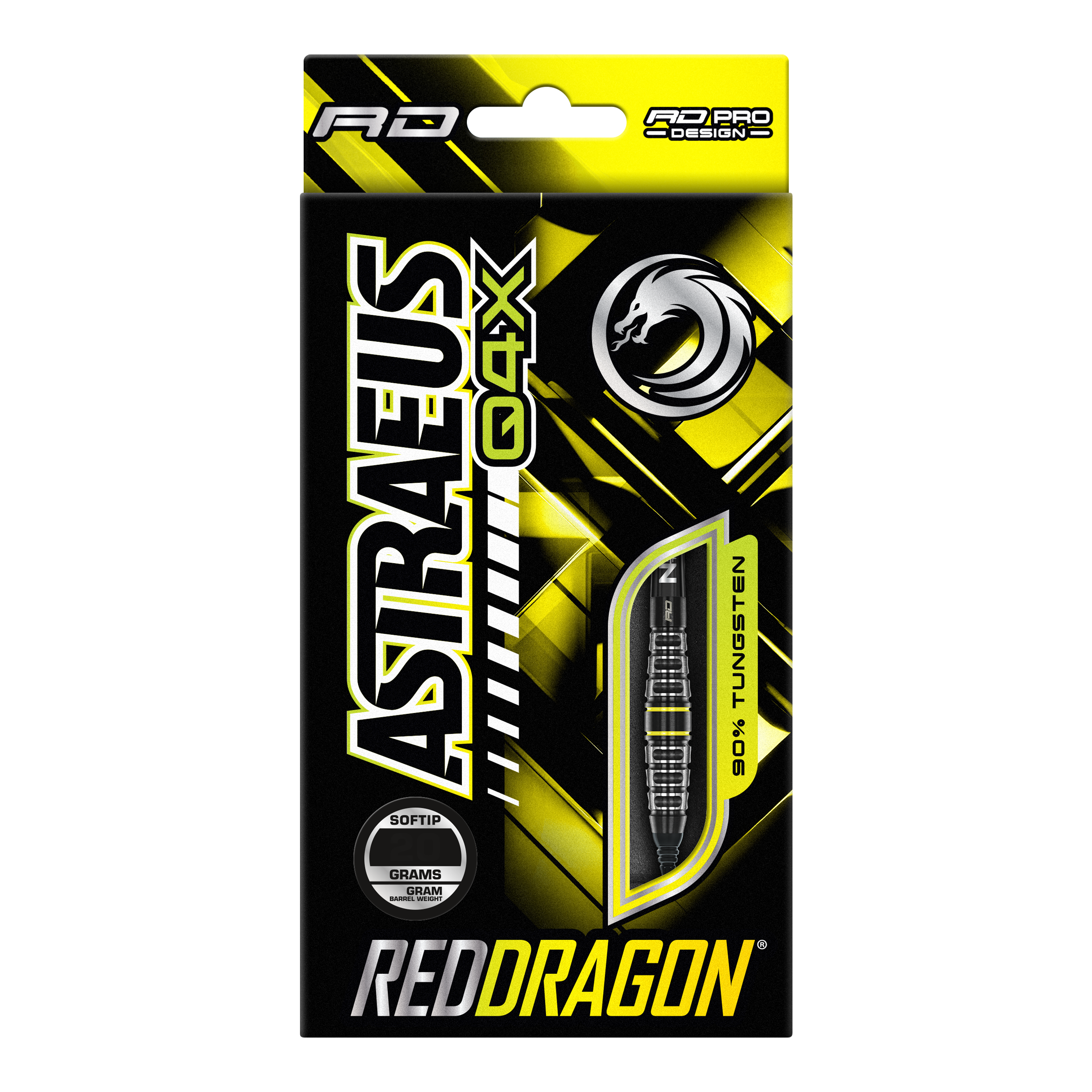 Fléchettes souples Red Dragon Astraeus Q4X Torpedo - 20 g Die Verpackung zeigt die "Red Dragon Astraeus Q4X Torpedo Softdarts" mit einem Gewicht von 20g. Das Design ist in Schwarz und Gelb gehalten und hebt hervor, dass die Darts aus 90% Tungsten bestehen.
