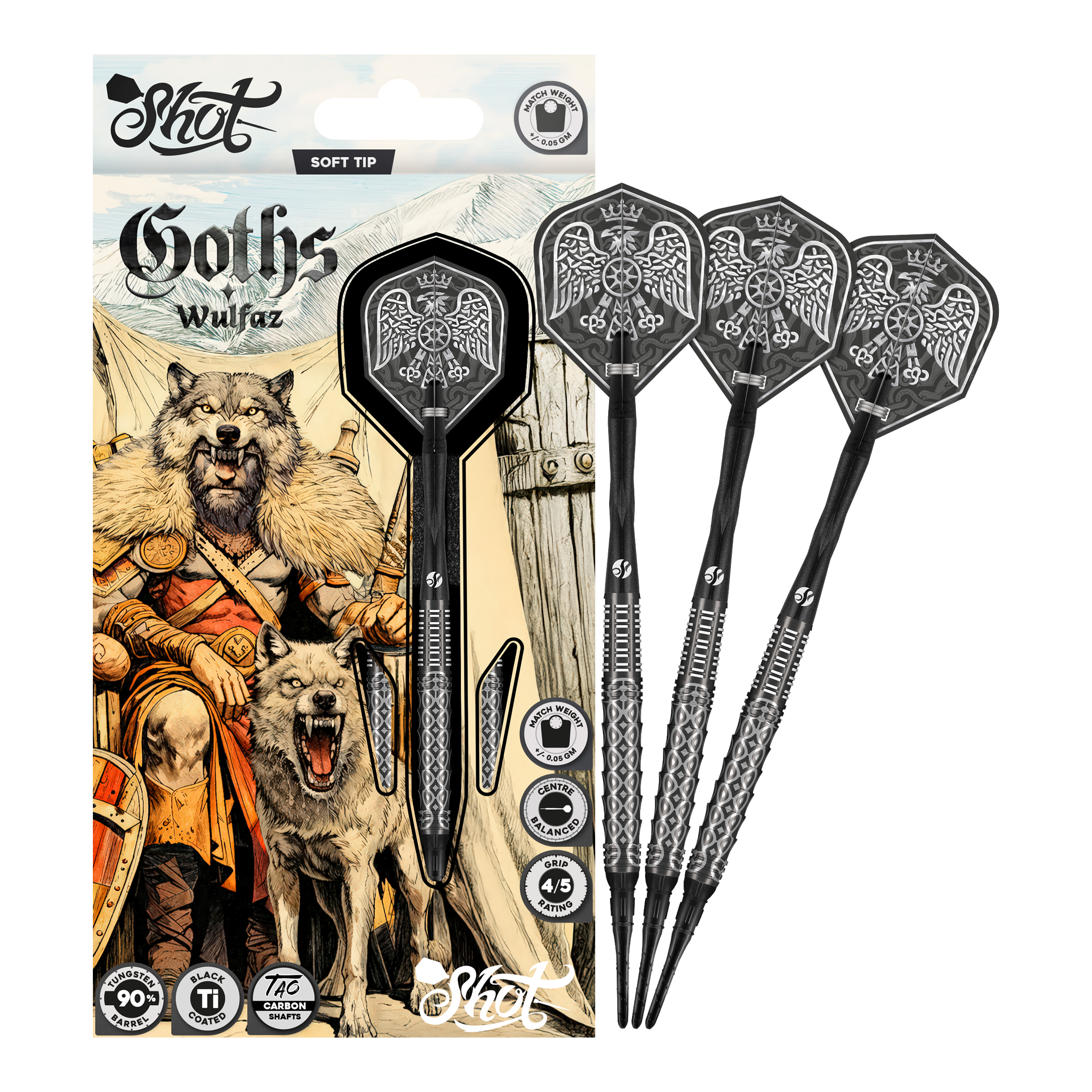 Fléchettes souples Shot Goths Wulfaz - 20 g Abgebildet sind die Shot Goths Wulfaz Softdarts - 20g in einer Gesamtansicht. Sie sind perfekt für Softdartspieler geeignet.