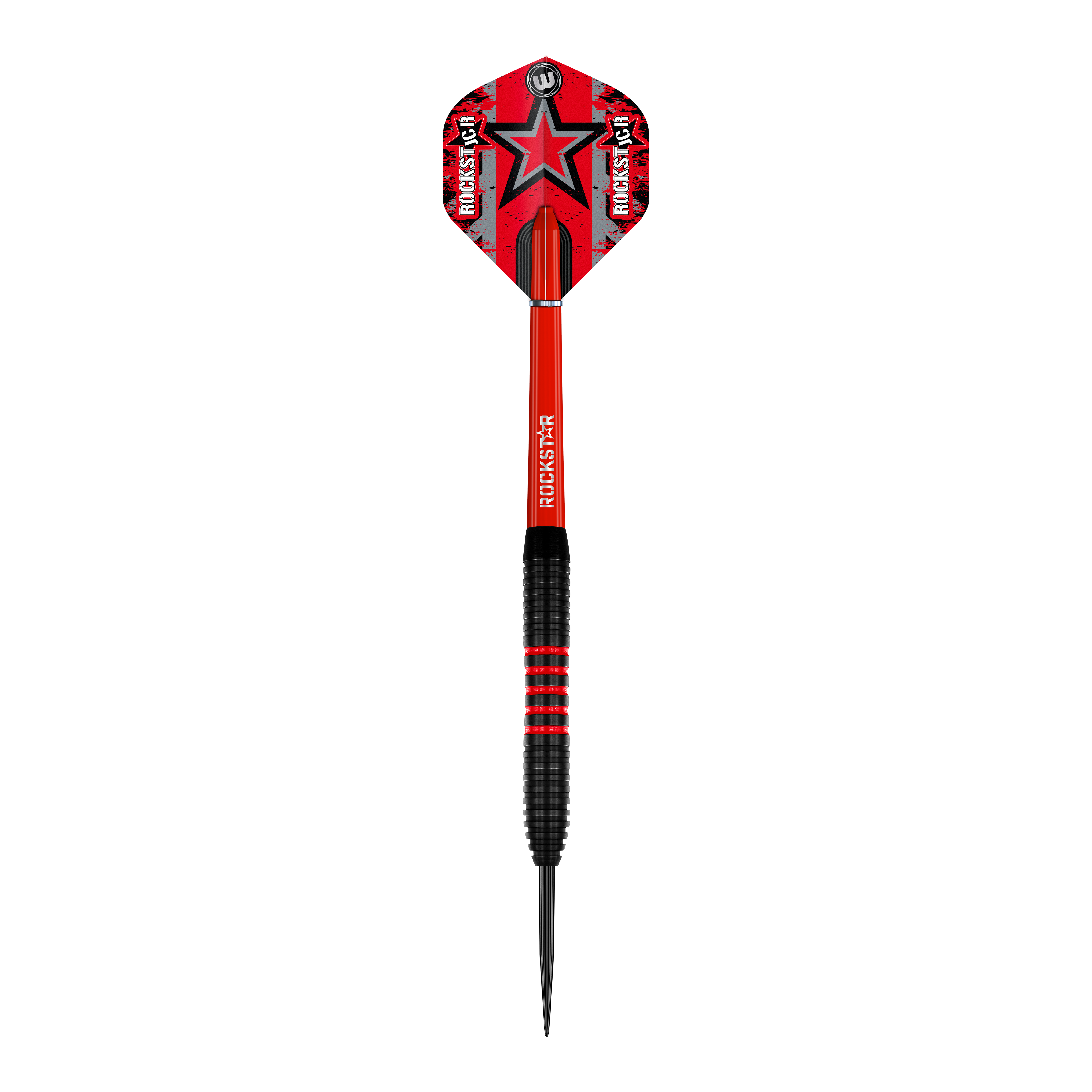 Fléchettes en acier Winmau Joe Cullen en laiton - 20 g Das Bild zeigt einen Winmau Joe Cullen Brass Steeldart mit einem Gewicht von 20g. Der Dart ist überwiegend rot und schwarz gestaltet und trägt die Aufschrift "Rockstar" auf dem Schaft und dem Flight.