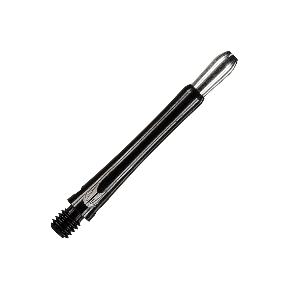 Das Bild zeigt einen schwarzen Aluminium-Dartshaft mit Gewinde. Er ist schmal und hat ein glänzendes Finish.