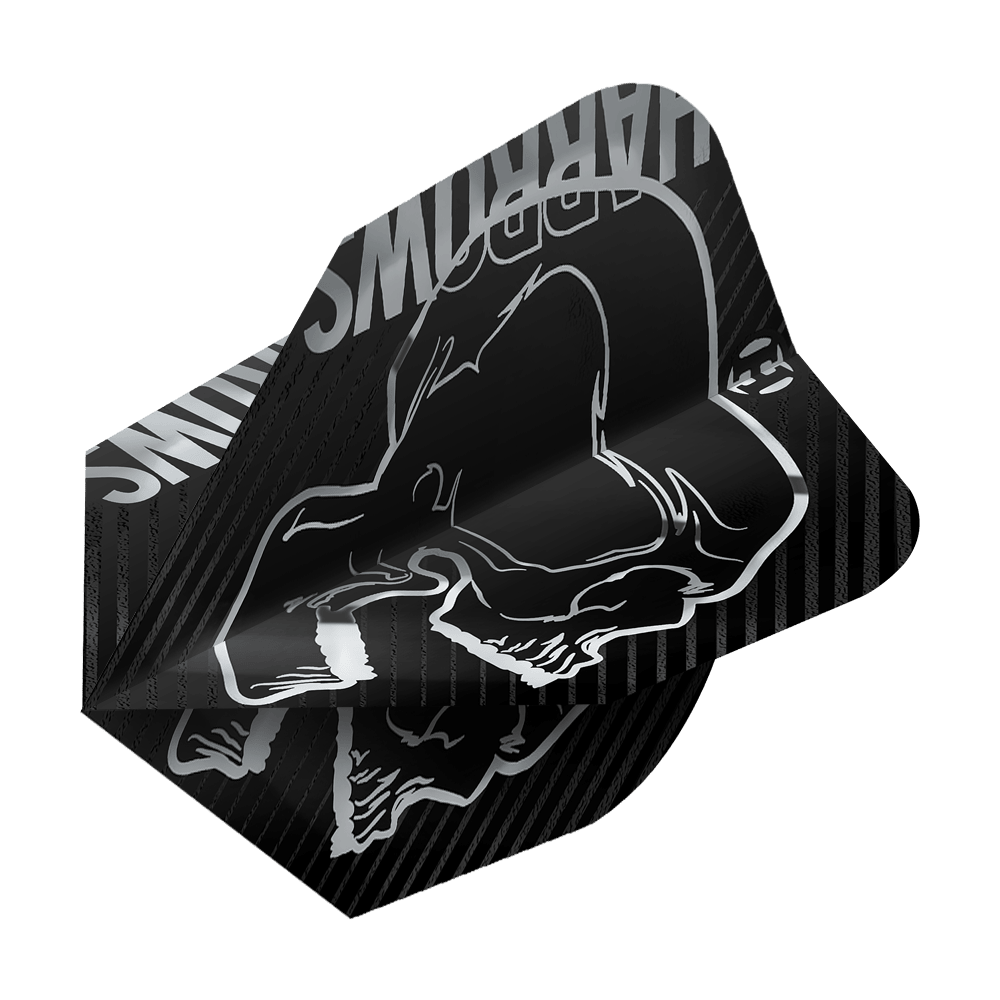 Vols Silver No6 de Harrow's Rage Das Bild zeigt ein schwarzes Dartflight mit einem silbernen Totenkopf-Design. Oben ist der Schriftzug "HARROWS" in Silber zu sehen.