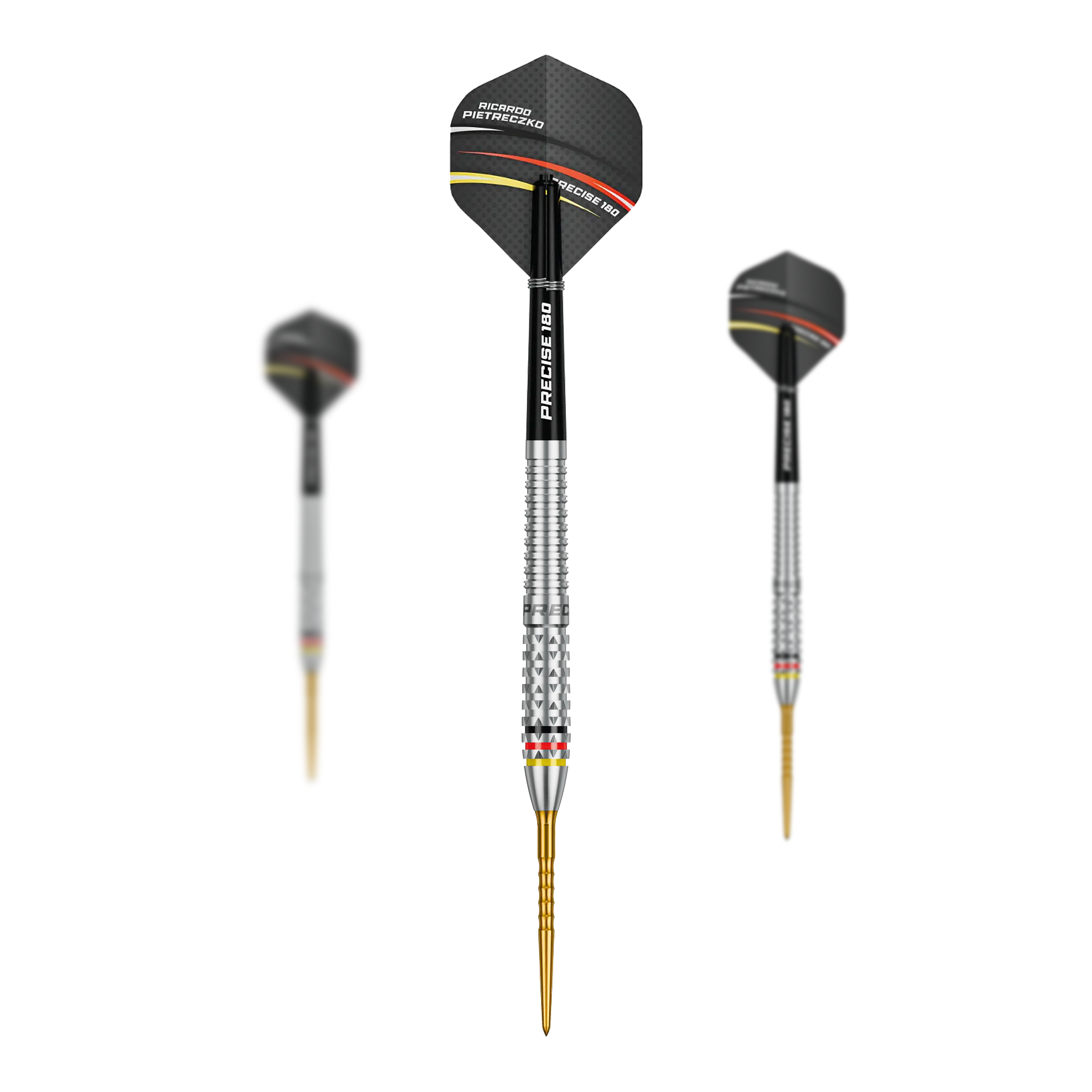 Fléchettes en acier Precise 180 Ricardo Pietreczko GEN1 Das Bild zeigt ein Set der Precise 180 Ricardo Pietreczko GEN1 Steeldarts. Enthält mehrere Steeldarts für Wettkämpfe oder Training.