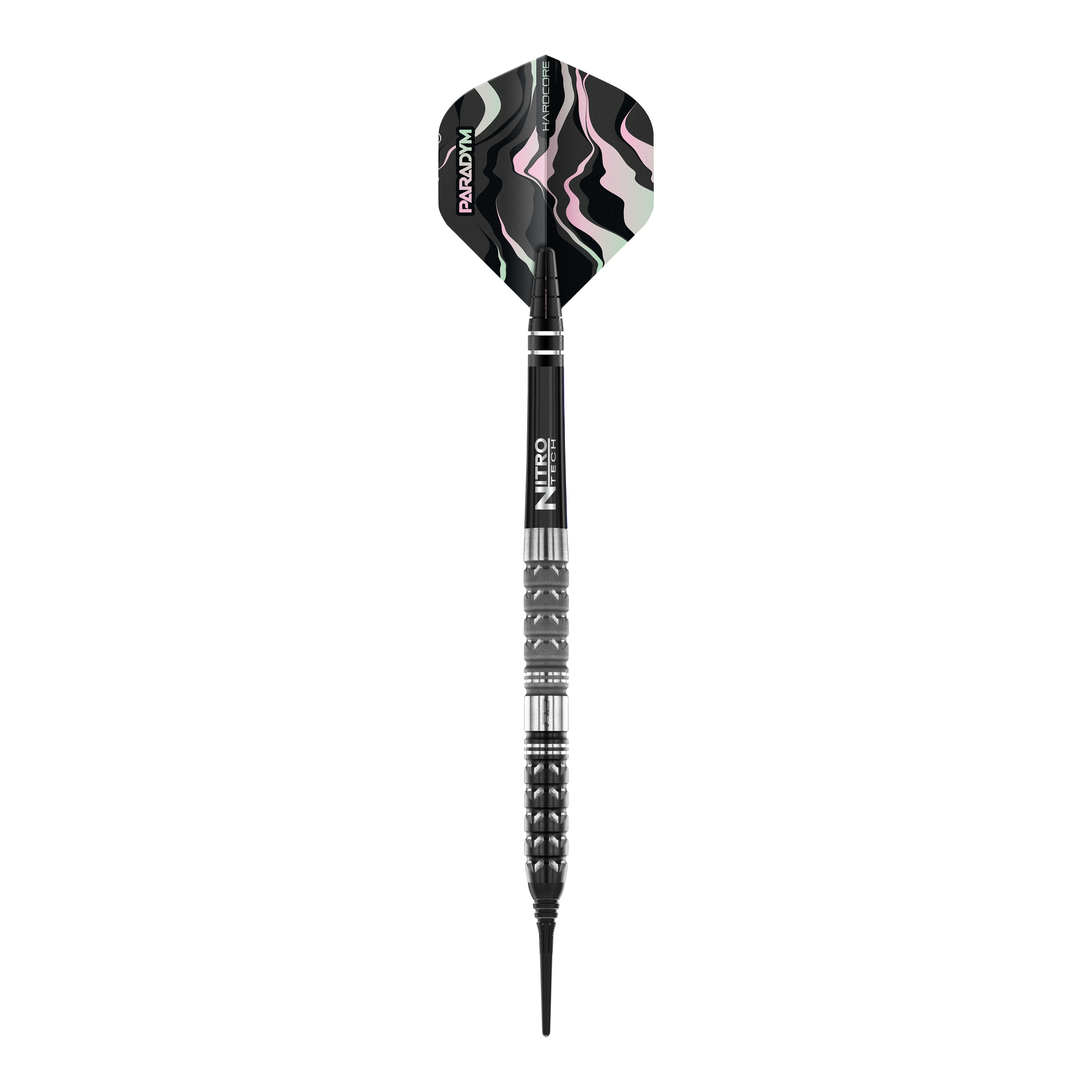 Fléchettes souples coniques Red Dragon Paradym - 20 g Das Bild zeigt einen Red Dragon Paradym Tapered Softdart mit 20g Gewicht. Der Dart hat ein modernes, schwarzes Design mit Details in Silber und einem gemusterten Flight.
