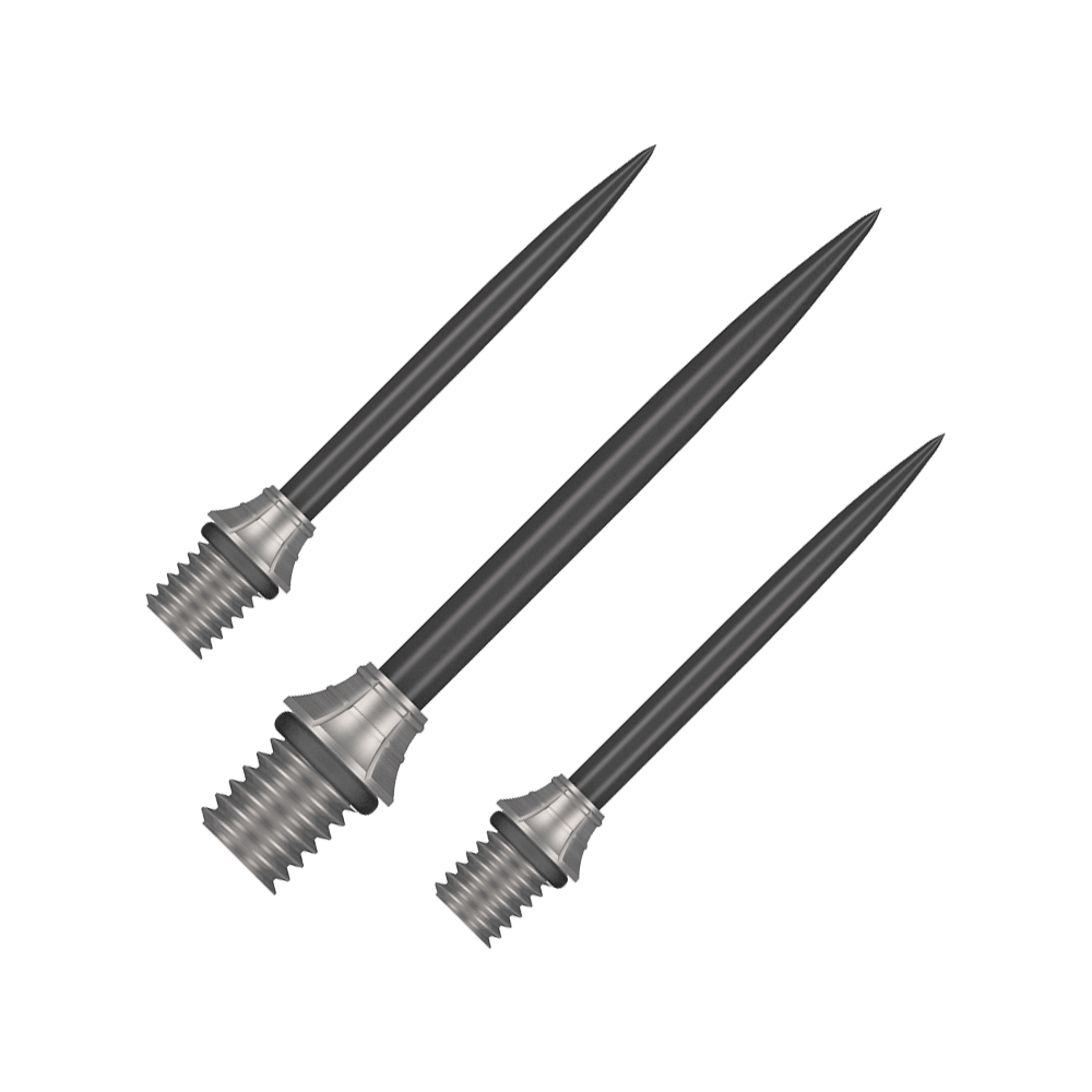 Gezeigt wird ein Set der Shot Fynx Conversion Points mit 32 mm Länge. Diese Spitzen bieten Vielseitigkeit beim Dartspielen.
