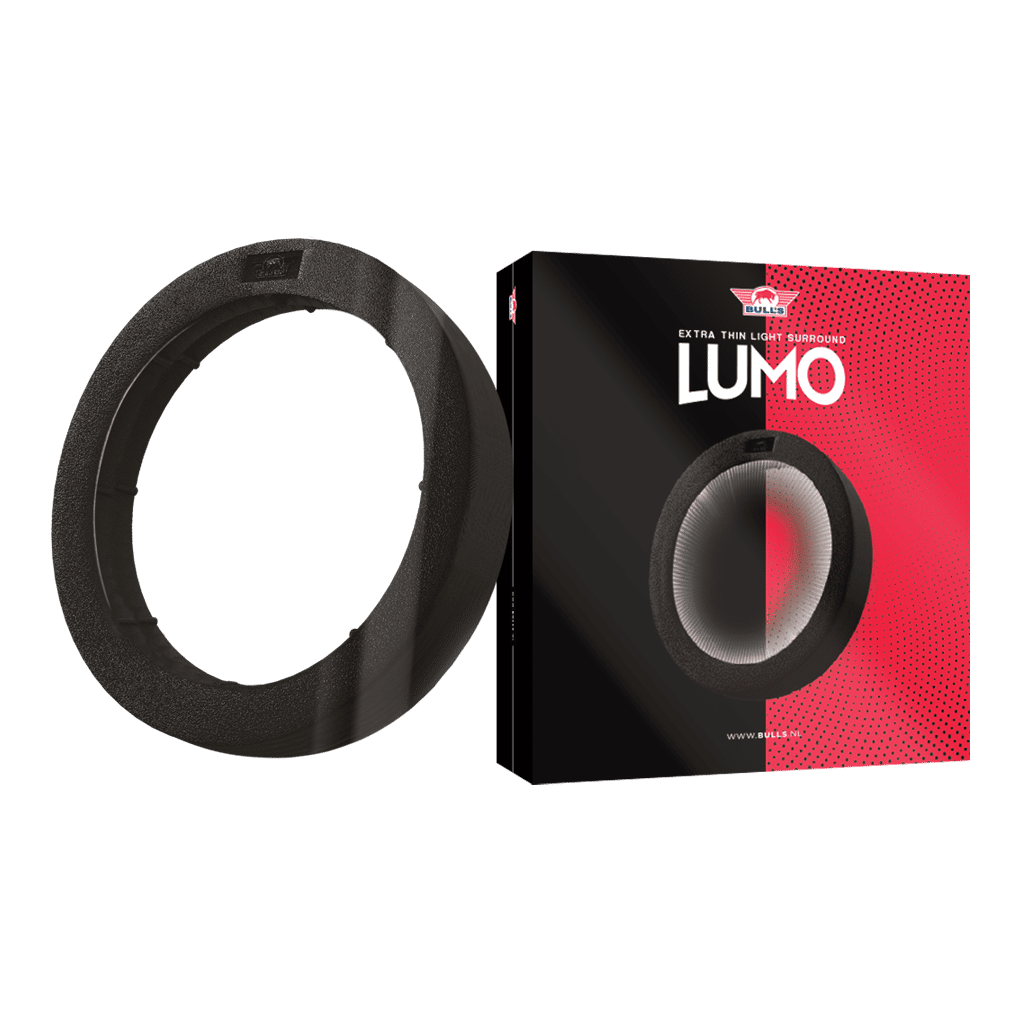 Système d'éclairage Bulls NL Lumo Light Surround Das Bild zeigt das Produkt "Bulls NL Lumo Light Surround Beleuchtungssystem". Links ist der Leuchtring selbst zu sehen, rechts die Verpackung mit Produktnamen und Design.
